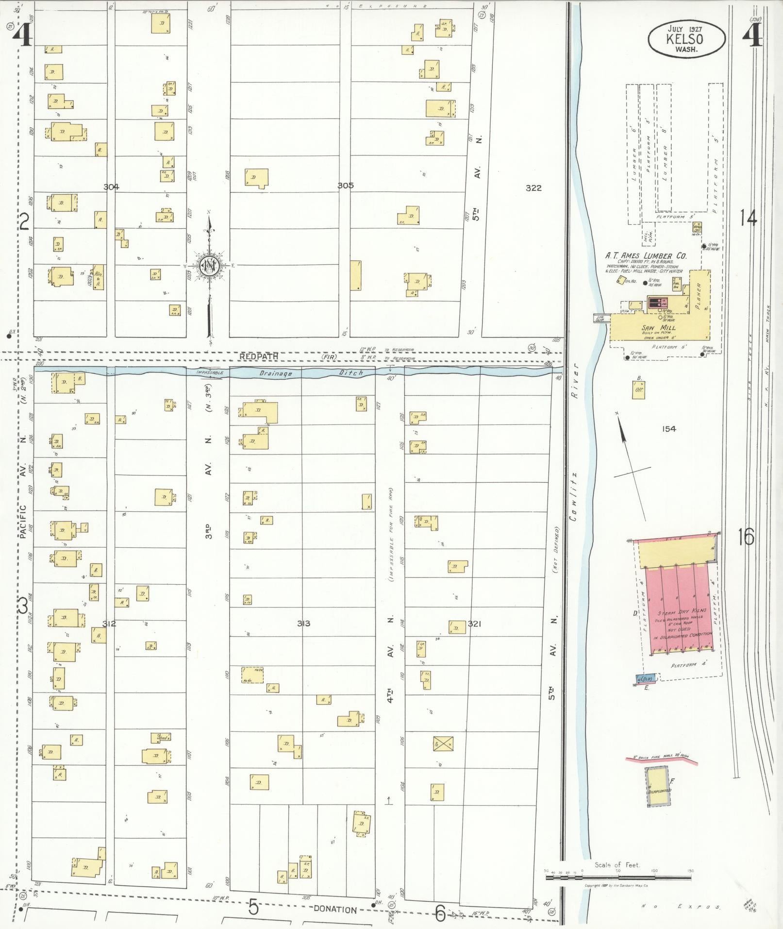 Sanborn Fire Insurance Map from Kelso, Cowlitz County, Washington (1927), Sheet #0004 - Complete Map Set gallery image, historic Sanborn map, vintage wall art, Washington Washington