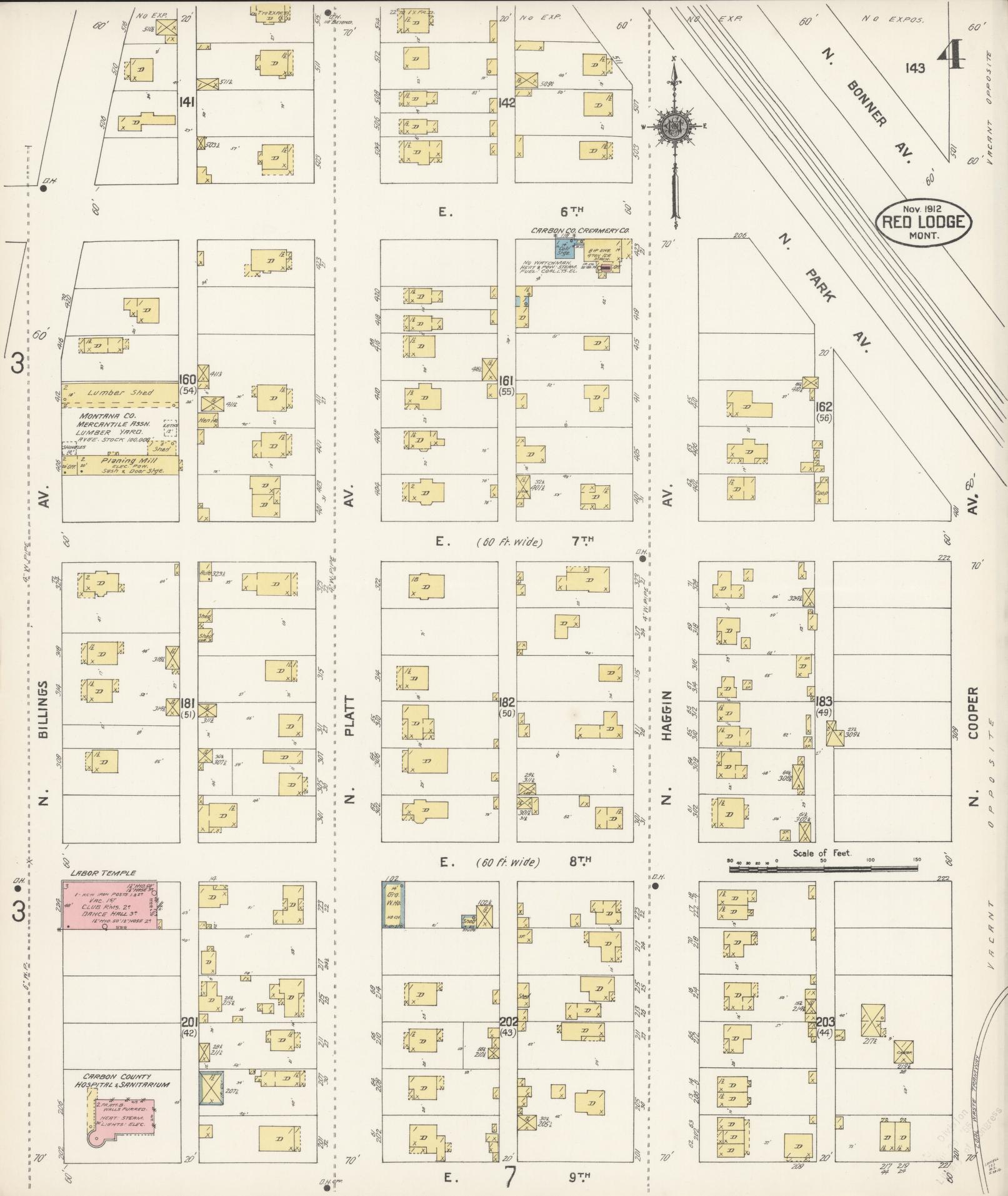 Sanborn Fire Insurance Map from Red Lodge, Carbon County, Montana (1912), Sheet #0004 - Complete Map Set gallery image, historic Sanborn map, vintage wall art, Montana Montana