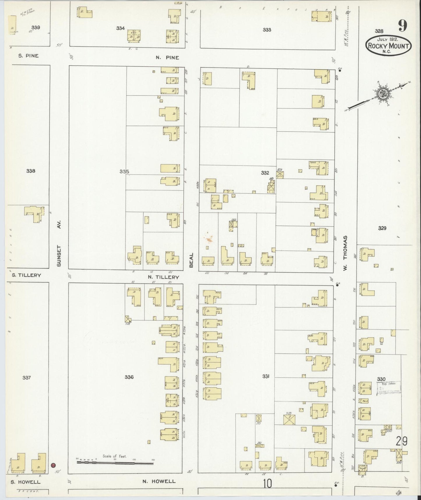 Sanborn Fire Insurance Map from Rocky Mount, Edgecombe And Nash Counties, North Carolina (1912), Sheet #0009 - Historic Sanborn Fire Insurance Map Print, vintage old map wall art, antique decor, genealogy gift, North Carolina North Carolina map