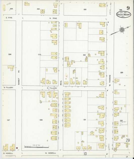 Sanborn Fire Insurance Map from Rocky Mount, Edgecombe And Nash Counties, North Carolina (1912), Sheet #0009 - Historic Sanborn Fire Insurance Map Print, vintage old map wall art, antique decor, genealogy gift, North Carolina North Carolina map