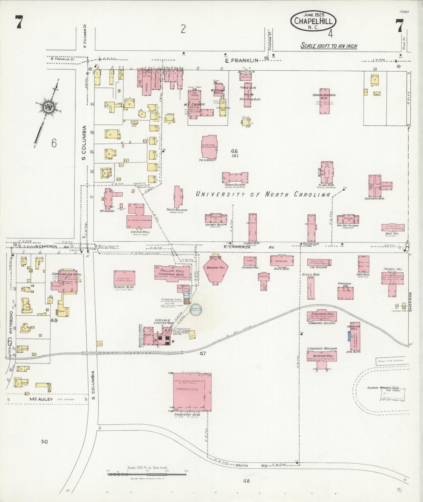 Sanborn Fire Insurance Map from Chapel Hill, Orange County, North Carolina (1925), Sheet #0007 - Historic Sanborn Fire Insurance Map Print, vintage old map wall art, antique decor, genealogy gift, North Carolina North Carolina map