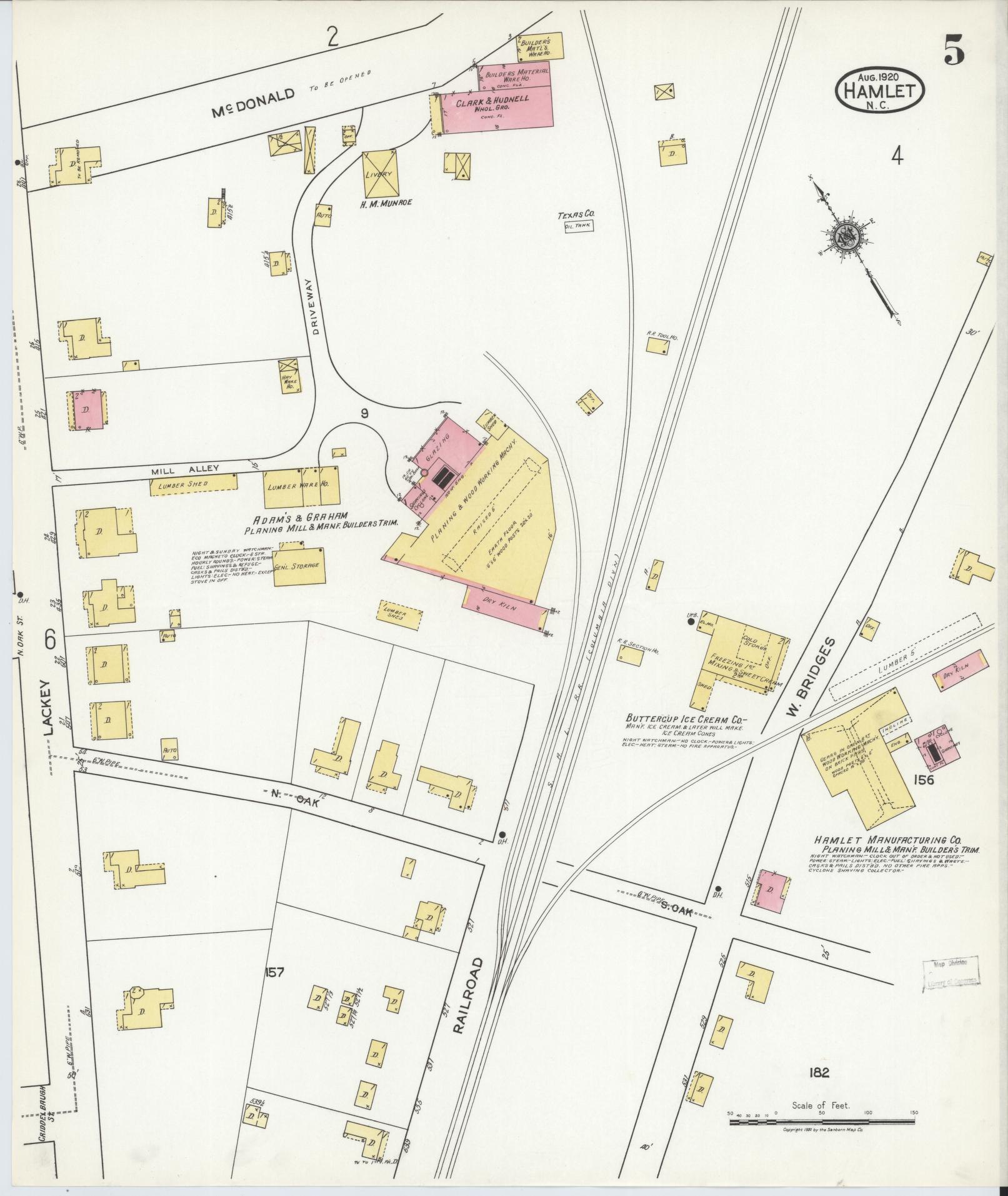 Sanborn Fire Insurance Map from Hamlet, Richmond County, North Carolina (1920), Sheet #0005 - Historic Sanborn Fire Insurance Map Print, vintage old map wall art, antique decor, genealogy gift, North Carolina North Carolina map