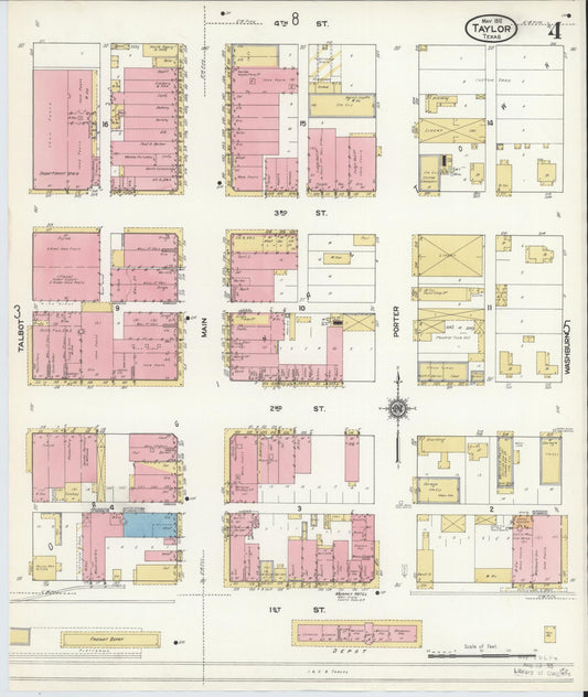 Sanborn Fire Insurance Map from Taylor, Williamson County, Texas (1912), Sheet #0004 - Historic Sanborn Fire Insurance Map Print, vintage old map wall art, antique decor, genealogy gift, Texas Texas map