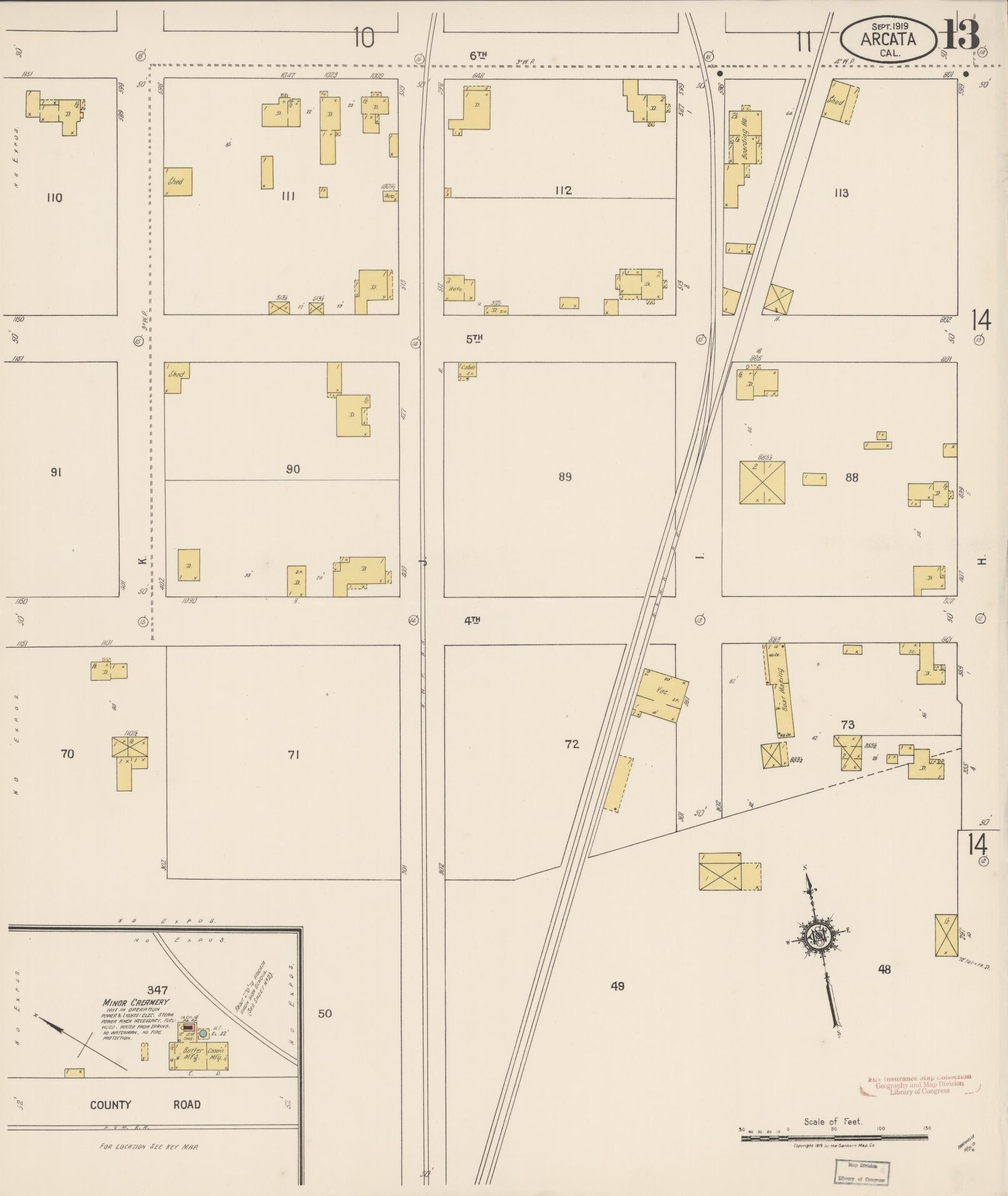 Sanborn Fire Insurance Map from Arcata, Humboldt County, California (1919), Sheet #0013 - Historic Sanborn Fire Insurance Map Print, vintage old map wall art, antique decor, genealogy gift, California California map
