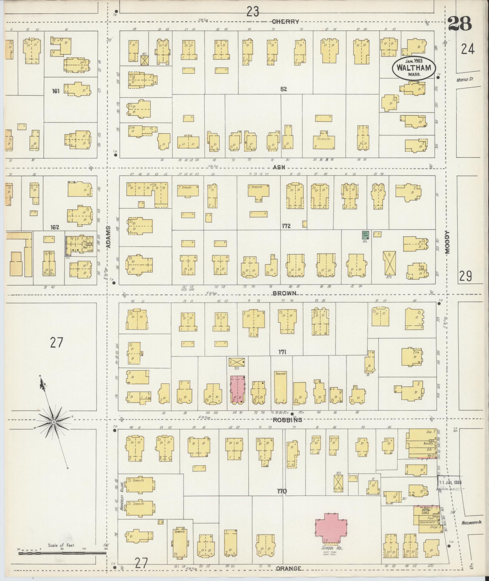 Sanborn Fire Insurance Map from Waltham, Middlesex County, Massachusetts (1903), Sheet #0028 - Complete Map Set gallery image, historic Sanborn map, vintage wall art, Massachusetts Massachusetts