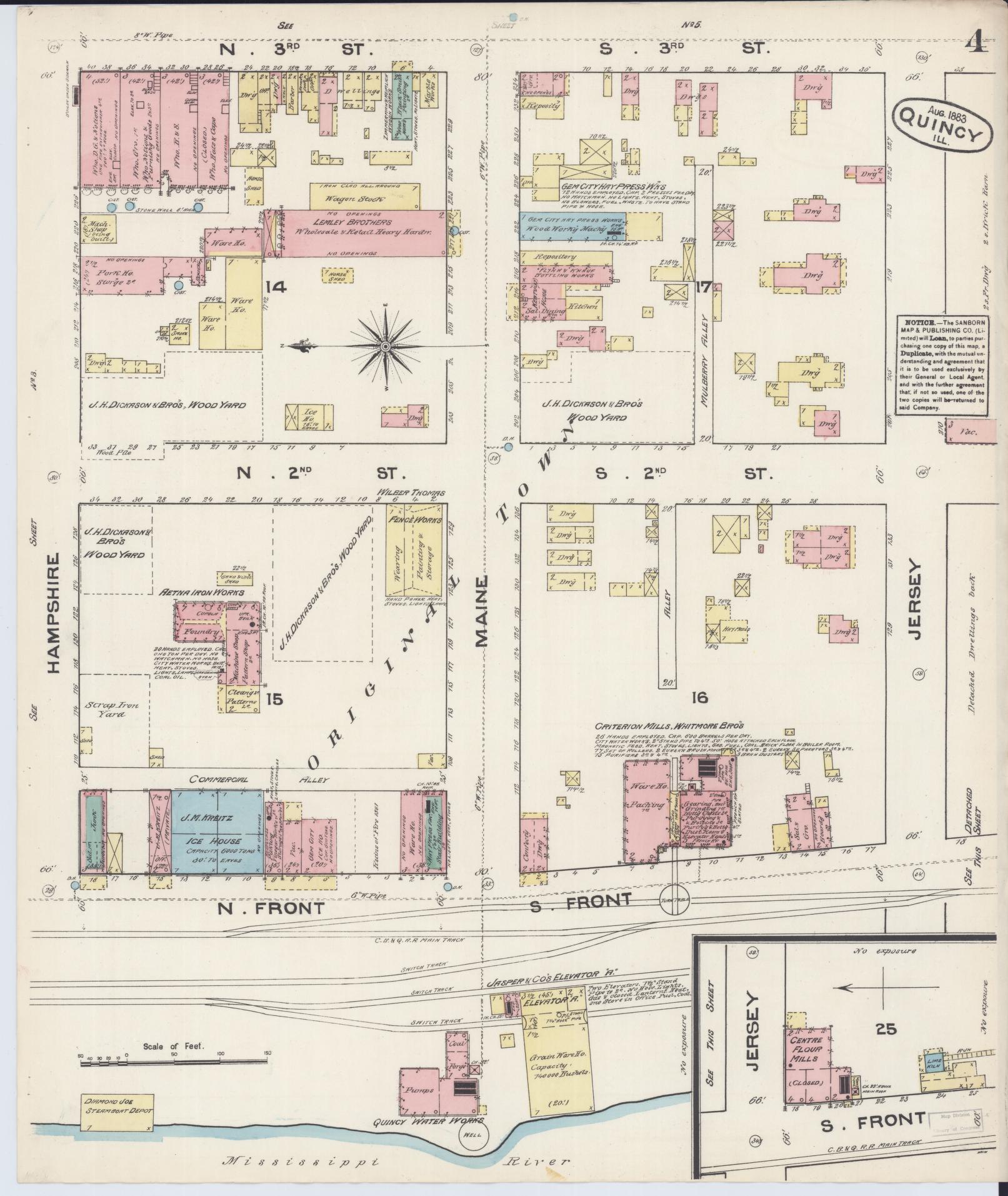 Sanborn Fire Insurance Map from Quincy, Adams County, Illinois (1883), Sheet #0004 - Historic Sanborn Fire Insurance Map Print, vintage old map wall art, antique decor, genealogy gift, Illinois Illinois map