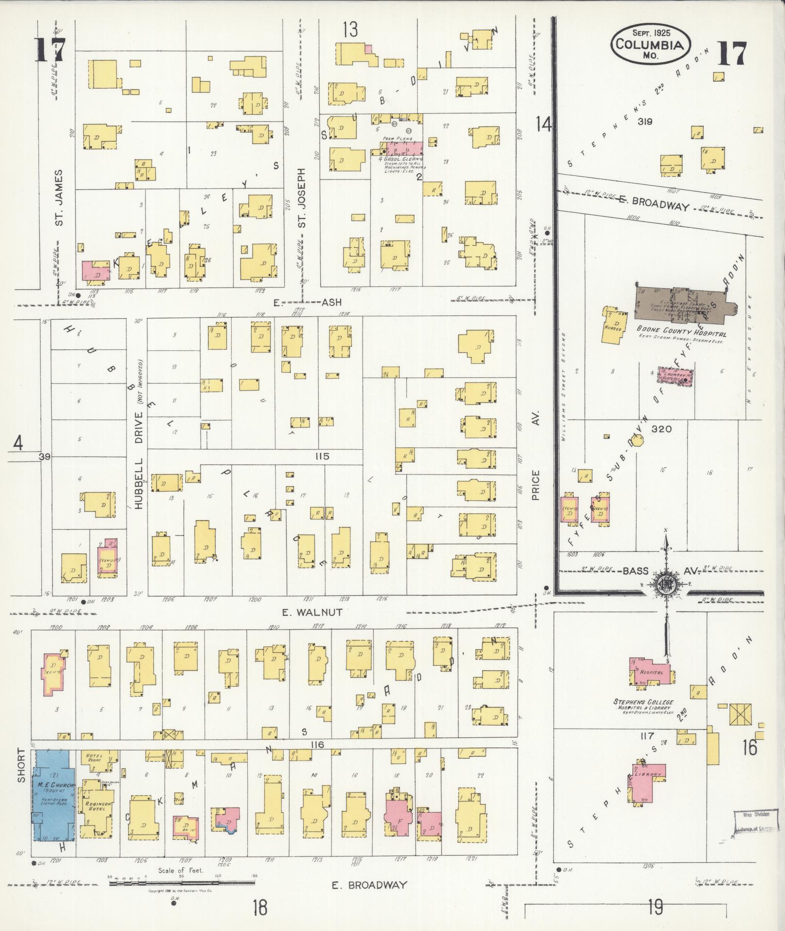 Sanborn Fire Insurance Map from Columbia, Boone County, Missouri (1925), Sheet #0017 - Complete Map Set gallery image, historic Sanborn map, vintage wall art, Missouri Missouri