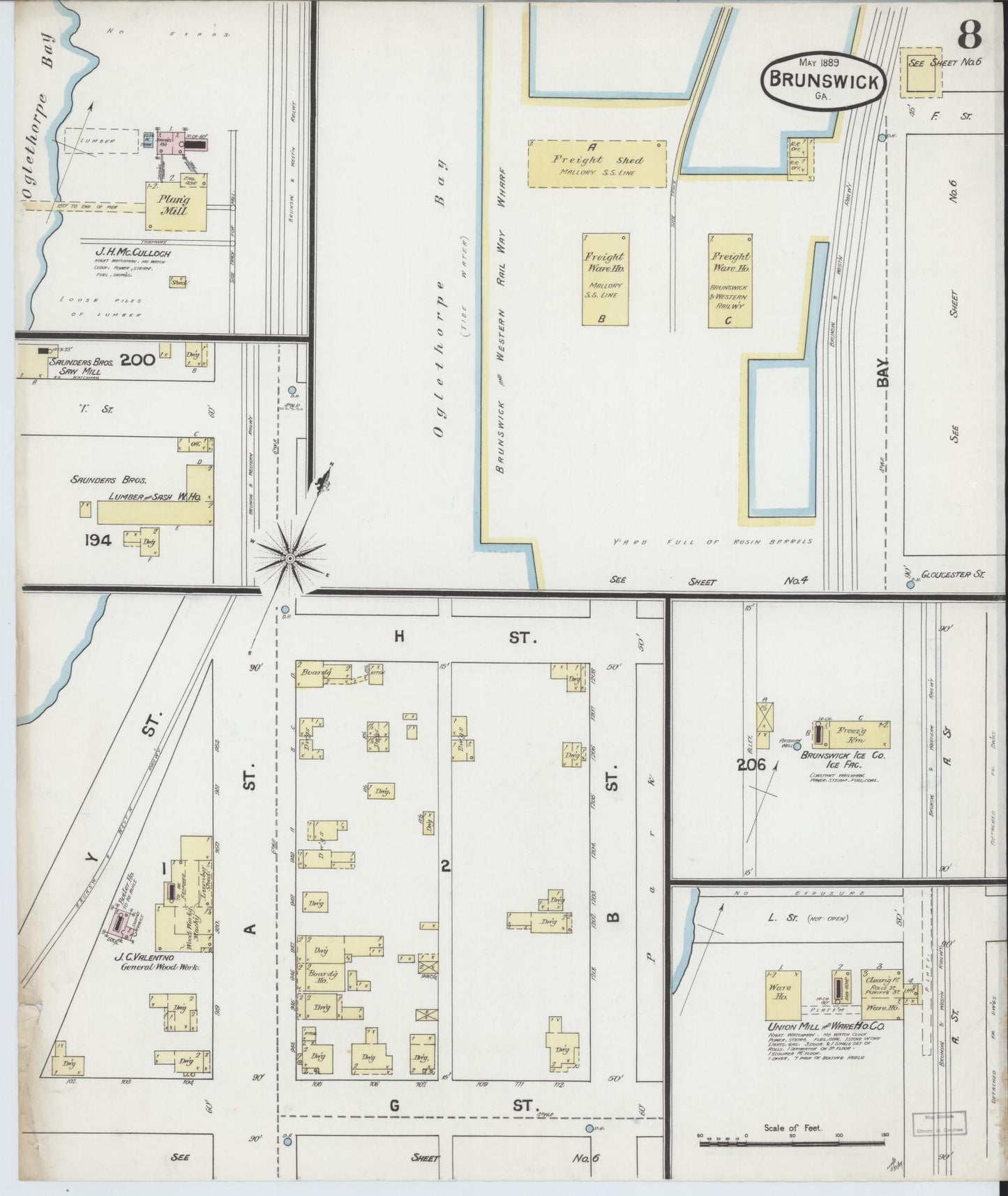 Sanborn Fire Insurance Map from Brunswick, Glynn County, Georgia (1889), Sheet #0008 - Complete Map Set gallery image, historic Sanborn map, vintage wall art, Georgia Georgia