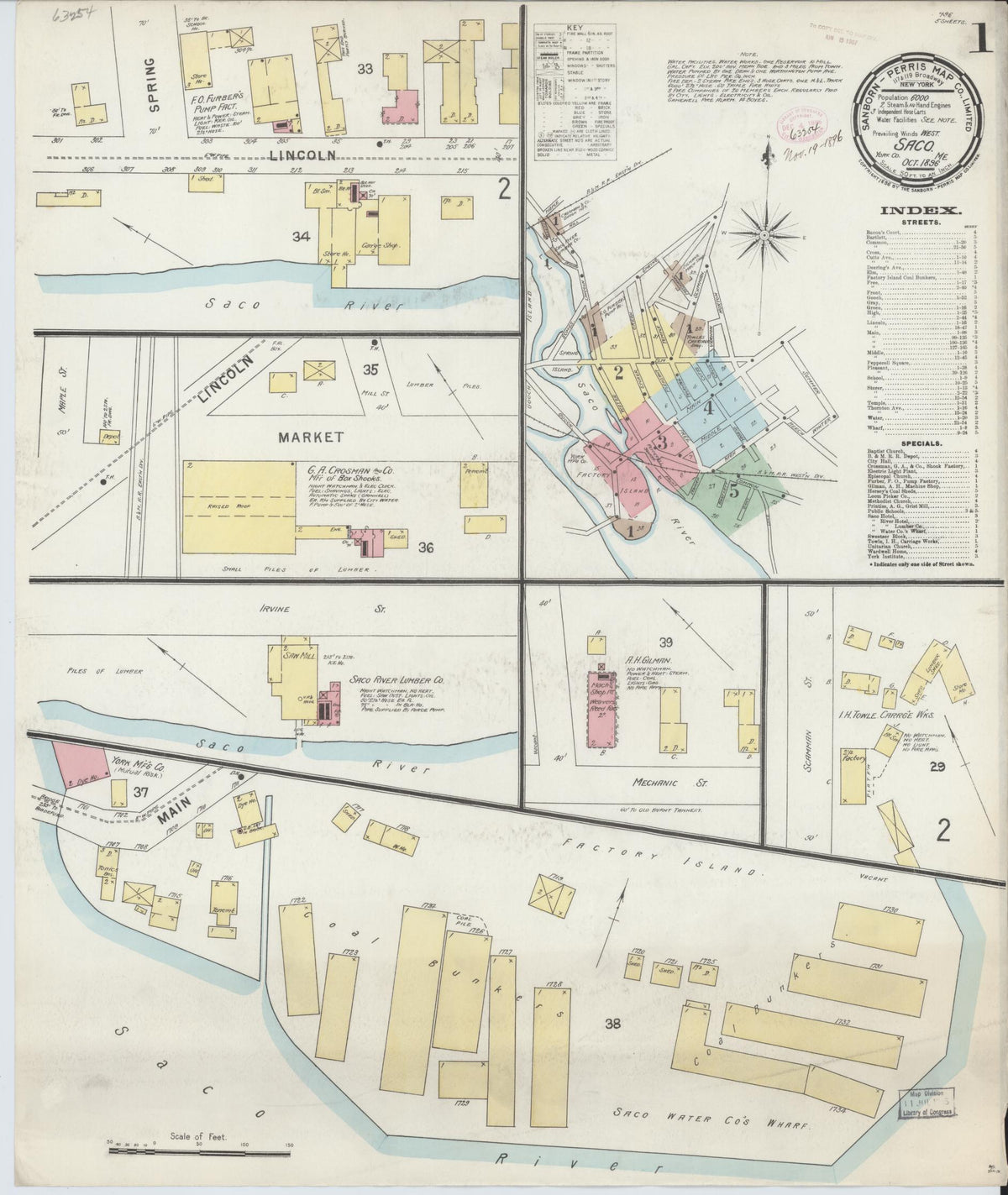 Sanborn Fire Insurance Map from Saco, York County, Maine (1896), Sheet #0001 - Complete Map Set gallery image, historic Sanborn map, vintage wall art, Maine Maine