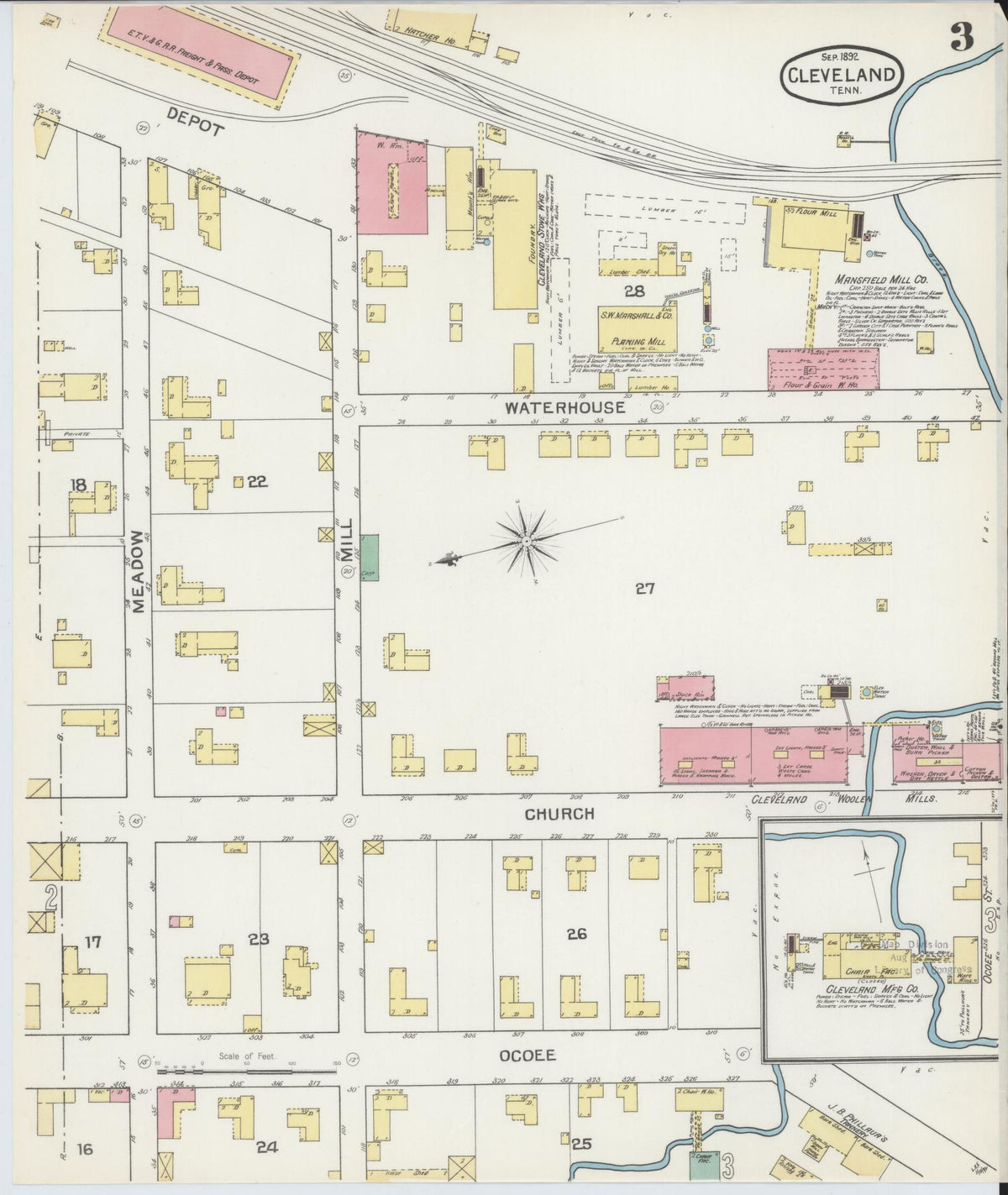 Sanborn Fire Insurance Map from Cleveland, Bradley County, Tennessee (1892), Sheet #0003 - Complete Map Set gallery image, historic Sanborn map, vintage wall art, Tennessee Tennessee
