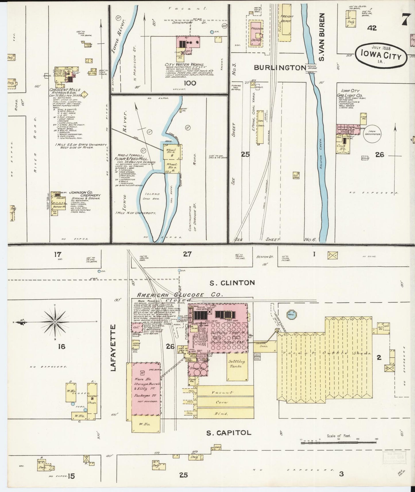 Sanborn Fire Insurance Map from Iowa City, Johnson County, Iowa (1888), Sheet #0007 - Historic Sanborn Fire Insurance Map Print, vintage old map wall art
