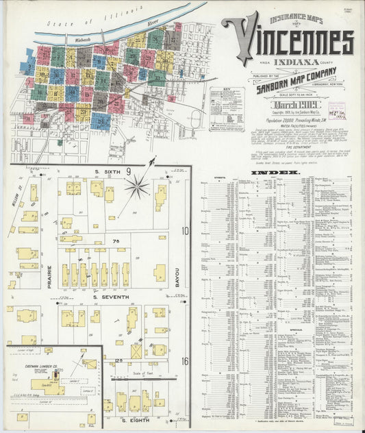 Sanborn Fire Insurance Map from Vincennes, Knox County, Indiana (1909), Sheet #0001 - Historic Sanborn Fire Insurance Map Print, vintage old map wall art, antique decor, genealogy gift, Indiana Indiana map