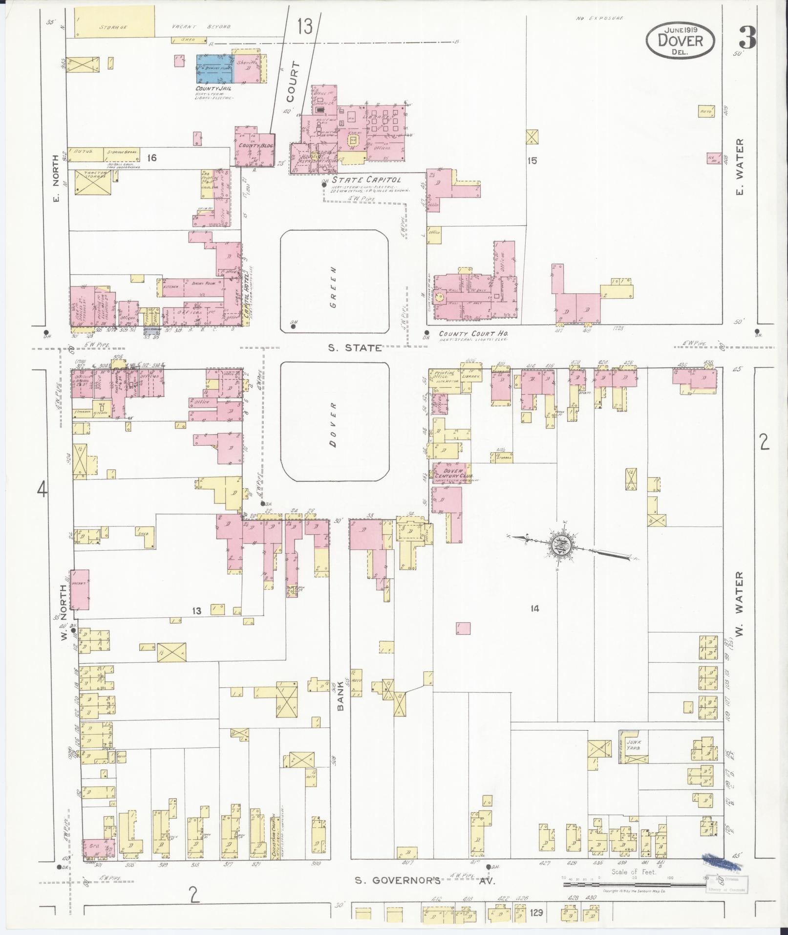 Sanborn Fire Insurance Map from Dover, Kent County, Delaware (1919), Sheet #0003 - Historic Sanborn Fire Insurance Map Print, vintage old map wall art, antique decor, genealogy gift, Delaware Delaware map