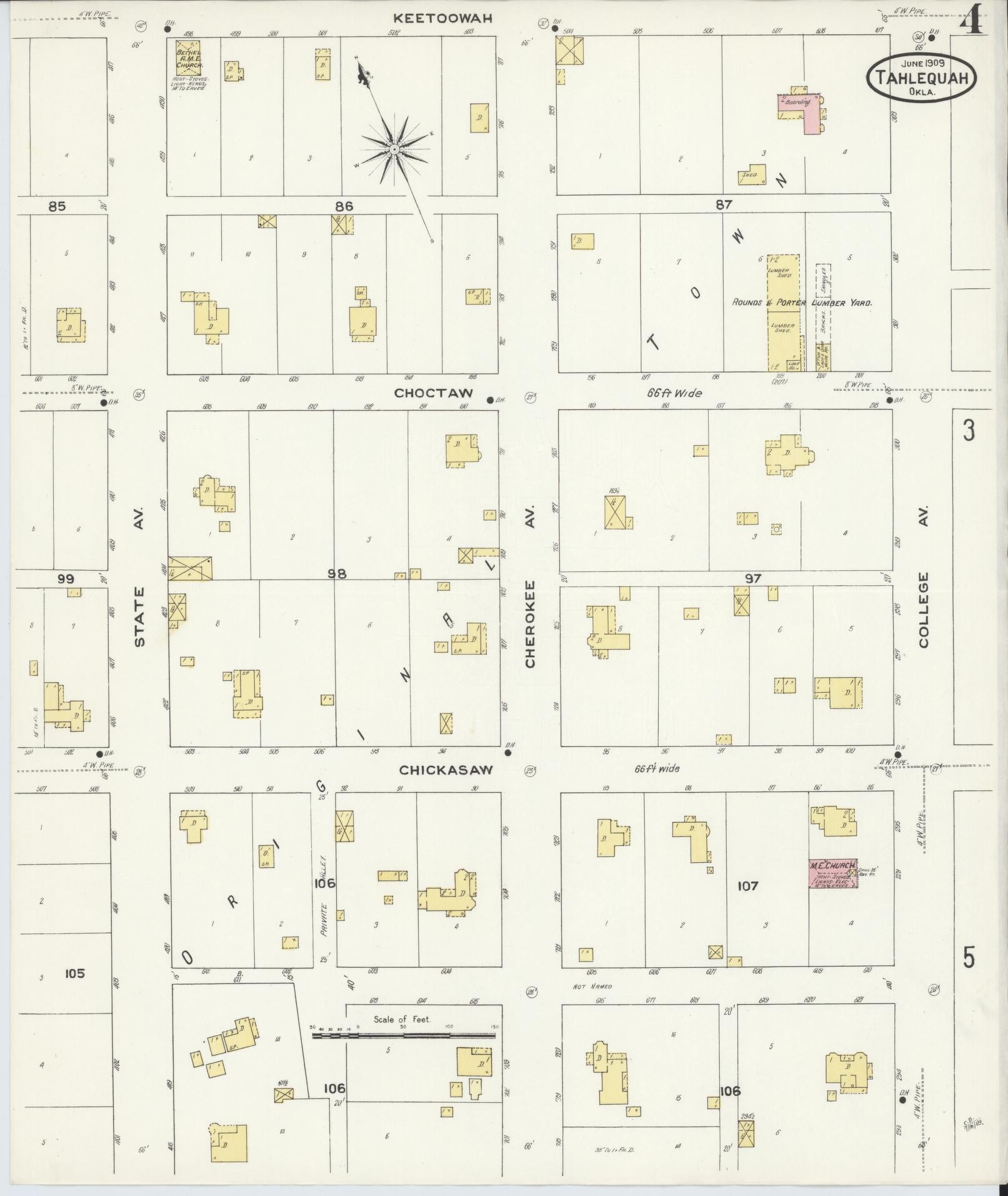 Sanborn Fire Insurance Map from Tahlequah, Cherokee County, Oklahoma (1909), Sheet #0004 - Historic Sanborn Fire Insurance Map Print, vintage old map wall art, antique decor, genealogy gift, Oklahoma Oklahoma map