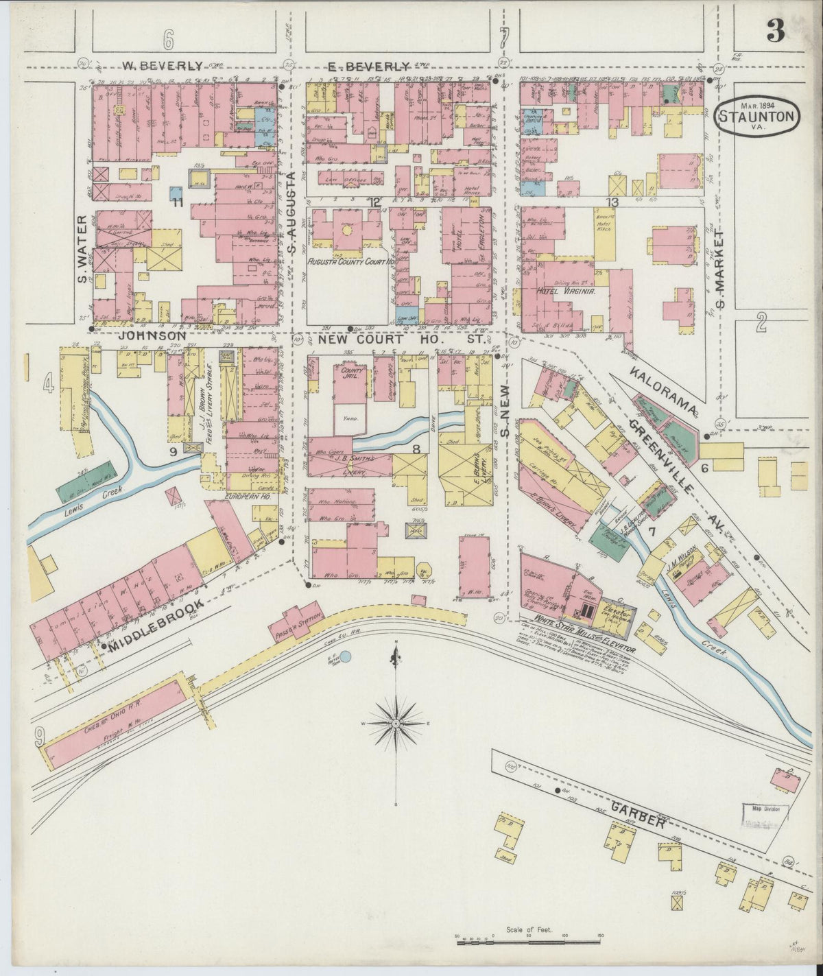 Sanborn Fire Insurance Map from Staunton, Independent Cities, Virginia (1894), Sheet #0003 - Historic Sanborn Fire Insurance Map Print, vintage old map wall art, antique decor, genealogy gift, Virginia Virginia map