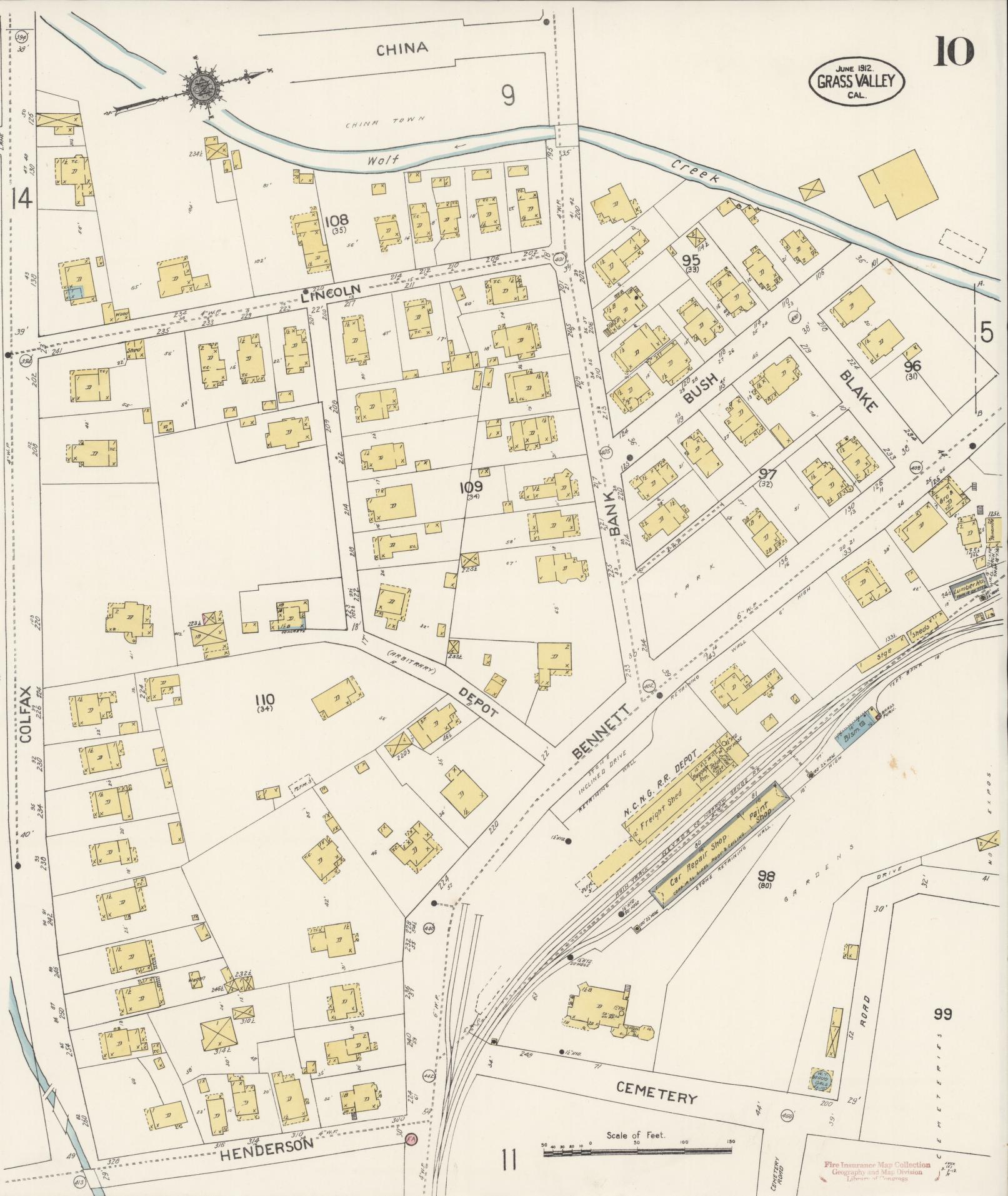 Sanborn Fire Insurance Map from Grass Valley, Nevada County, California (1912), Sheet #0010 - Complete Map Set gallery image, historic Sanborn map, vintage wall art, California California
