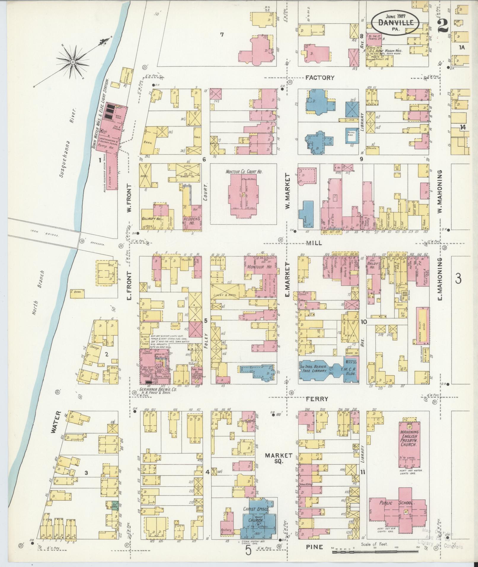Sanborn Fire Insurance Map from Danville, Montour County, Pennsylvania (1907), Sheet #0002 - Historic Sanborn Fire Insurance Map Print, vintage old map wall art, antique decor, genealogy gift, Pennsylvania Pennsylvania map