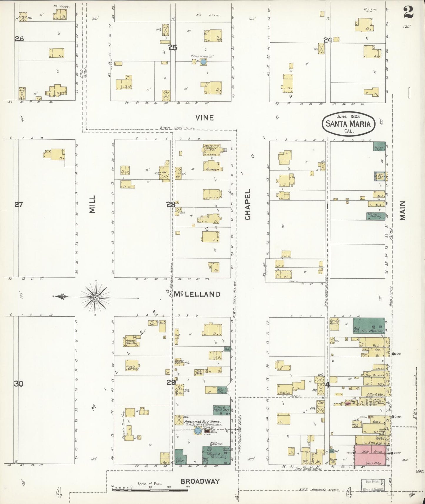 Sanborn Fire Insurance Map from Santa Maria, Santa Barbara County, California (1895), Sheet #0002 - Complete Map Set gallery image, historic Sanborn map, vintage wall art, California California