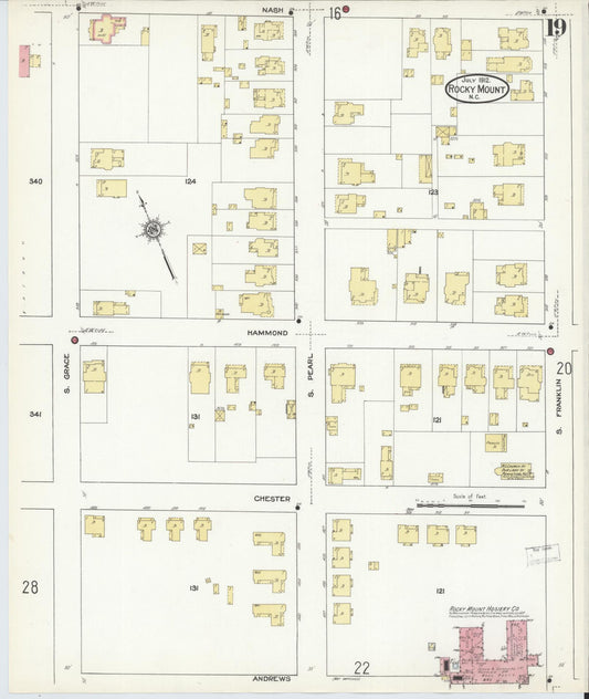 Sanborn Fire Insurance Map from Rocky Mount, Edgecombe And Nash Counties, North Carolina (1912), Sheet #0019 - Historic Sanborn Fire Insurance Map Print, vintage old map wall art, antique decor, genealogy gift, North Carolina North Carolina map
