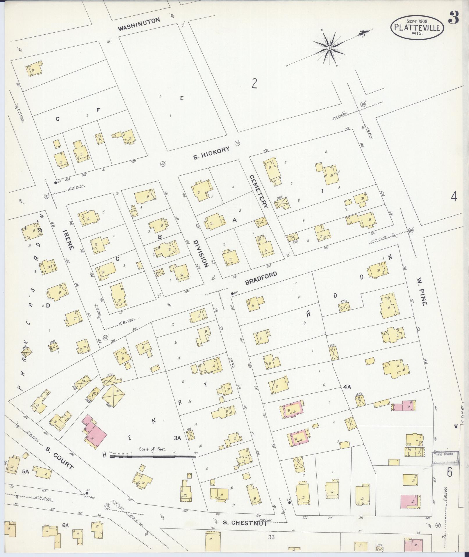 Sanborn Fire Insurance Map from Platteville, Grant County, Wisconsin (1908), Sheet #0003 - Complete Map Set gallery image, historic Sanborn map, vintage wall art, Wisconsin Wisconsin