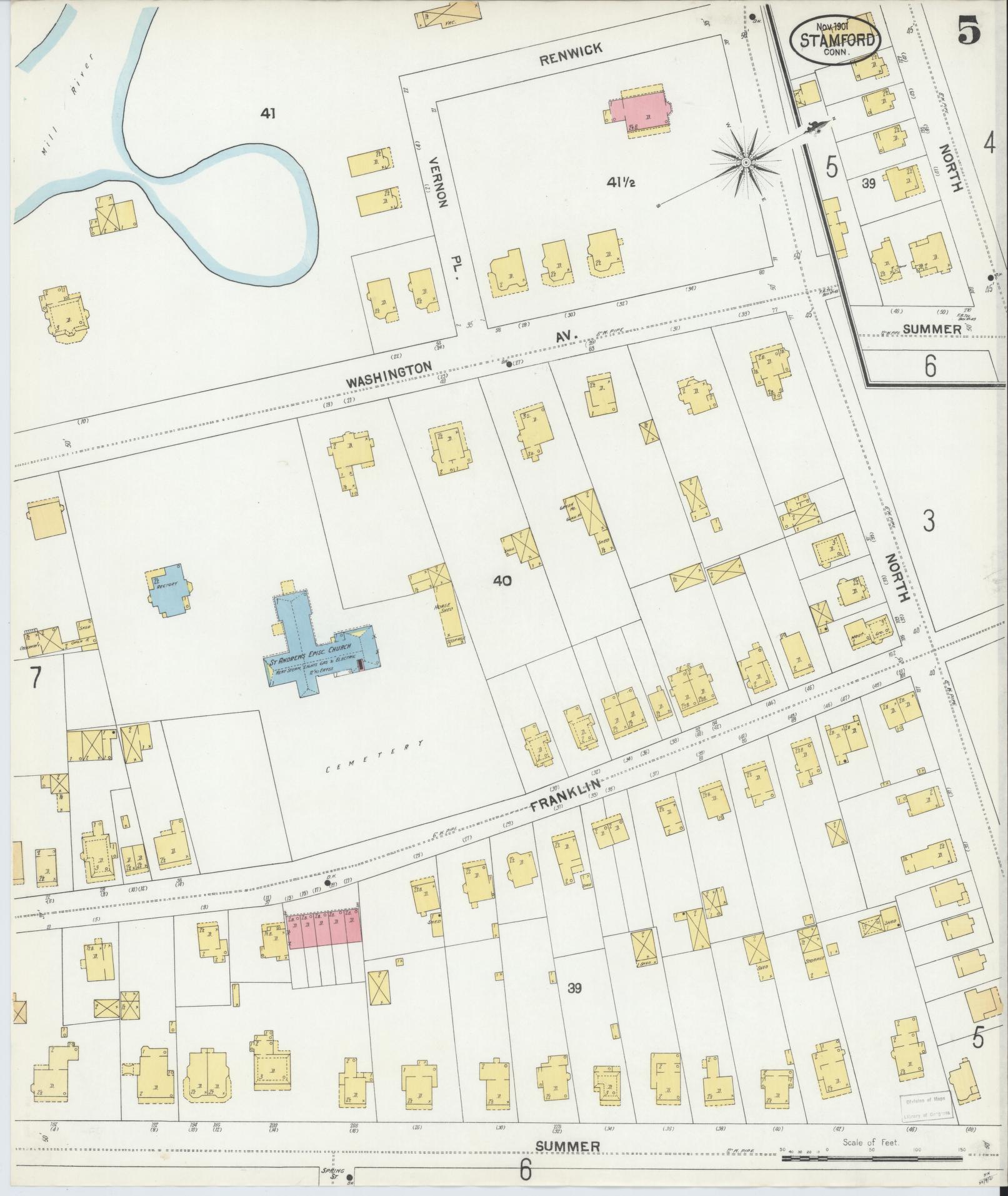 Sanborn Fire Insurance Map from Stamford, Fairfield County, Connecticut (1901), Sheet #0005 - Historic Sanborn Fire Insurance Map Print, vintage old map wall art, antique decor, genealogy gift, Connecticut Connecticut map