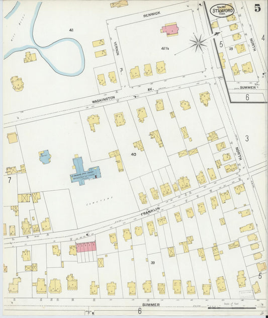 Sanborn Fire Insurance Map from Stamford, Fairfield County, Connecticut (1901), Sheet #0005 - Historic Sanborn Fire Insurance Map Print, vintage old map wall art, antique decor, genealogy gift, Connecticut Connecticut map