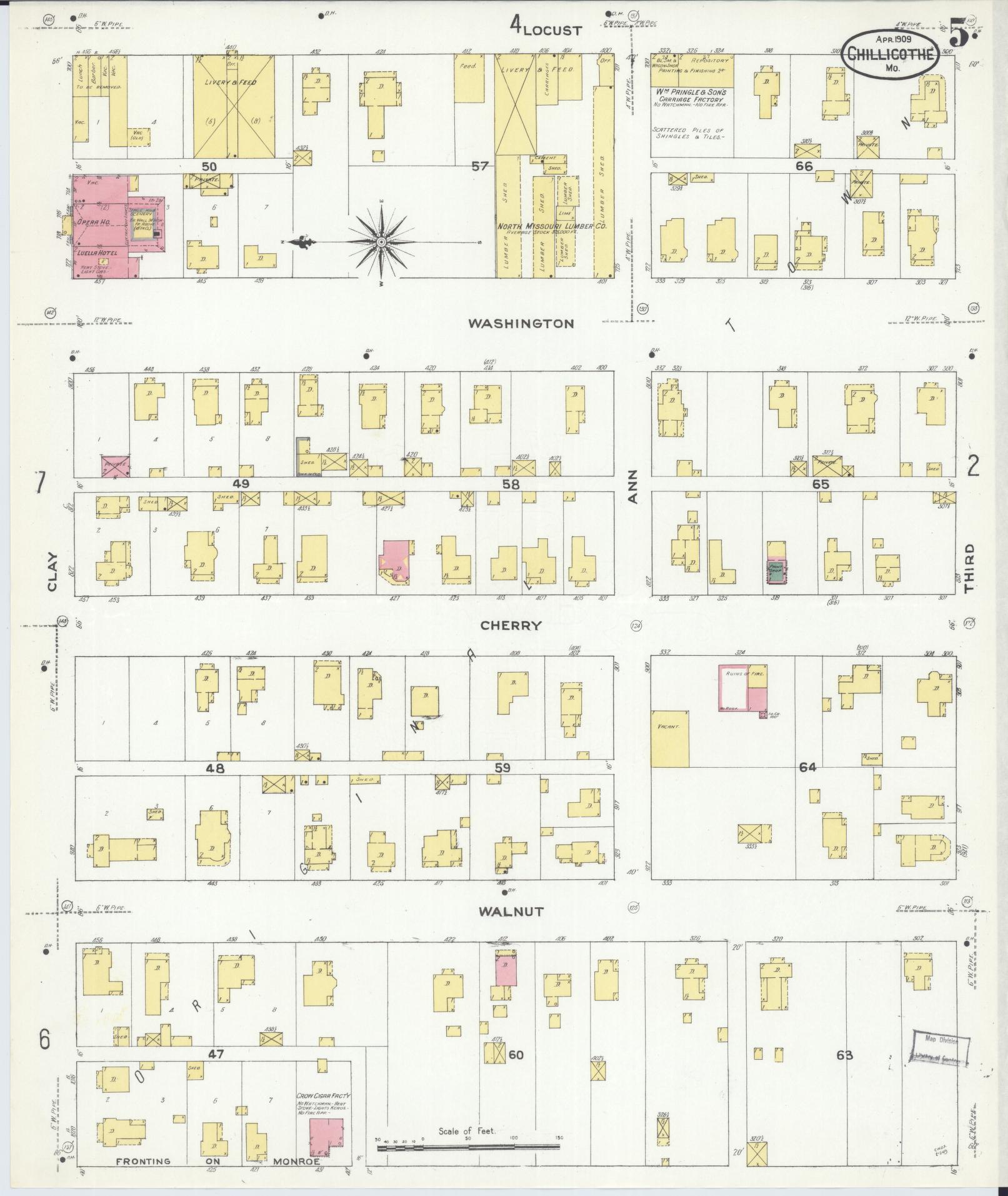 Sanborn Fire Insurance Map from Chillicothe, Livingston County, Missouri (1909), Sheet #0005 - Historic Sanborn Fire Insurance Map Print, vintage old map wall art, antique decor, genealogy gift, Missouri Missouri map