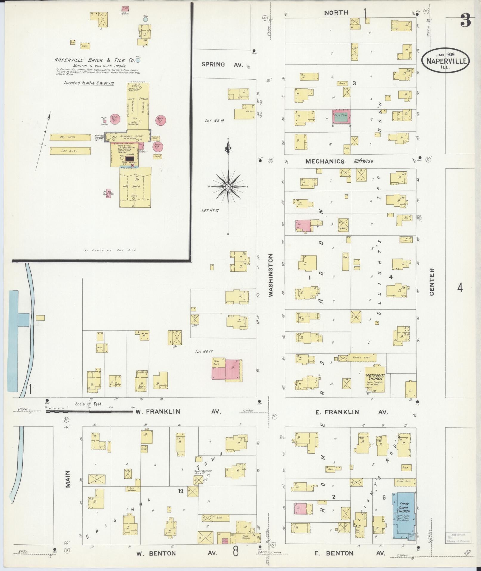 Sanborn Fire Insurance Map from Naperville, Du Page County, Illinois (1909), Sheet #0003 - Complete Map Set gallery image, historic Sanborn map, vintage wall art, Illinois Illinois
