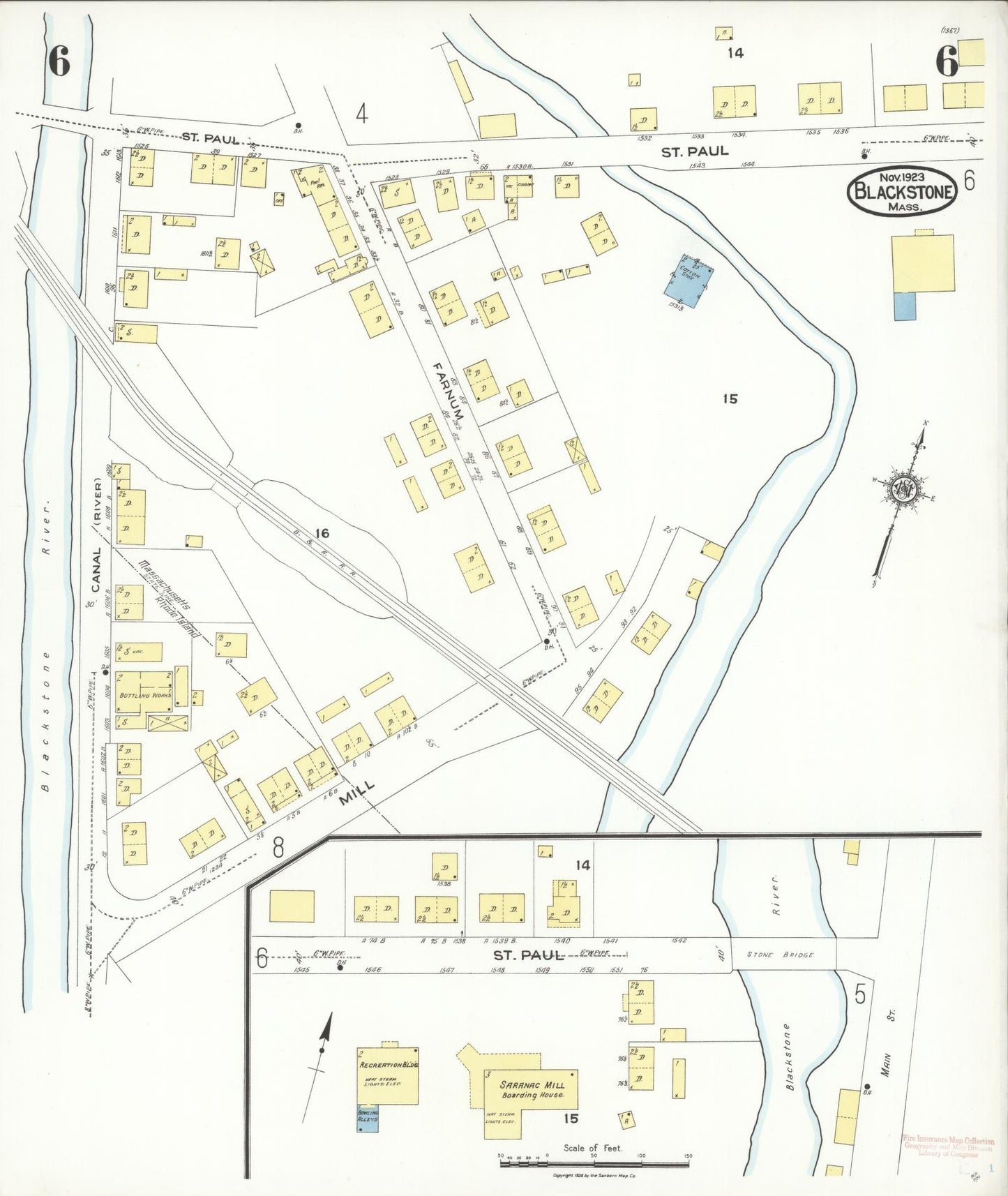 Sanborn Fire Insurance Map from Blackstone, Worcester County, Massachusetts (1923), Sheet #0006 - Complete Map Set gallery image, historic Sanborn map, vintage wall art, Massachusetts Massachusetts