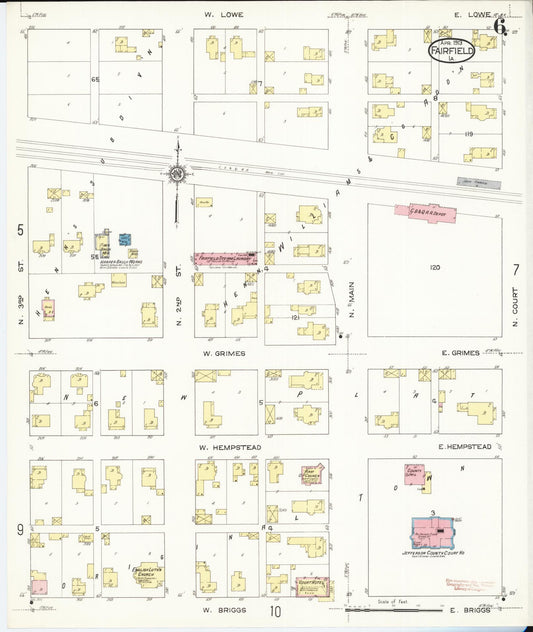 Sanborn Fire Insurance Map from Fairfield, Jefferson County, Iowa (1913), Sheet #0006 - Historic Sanborn Fire Insurance Map Print, vintage old map wall art