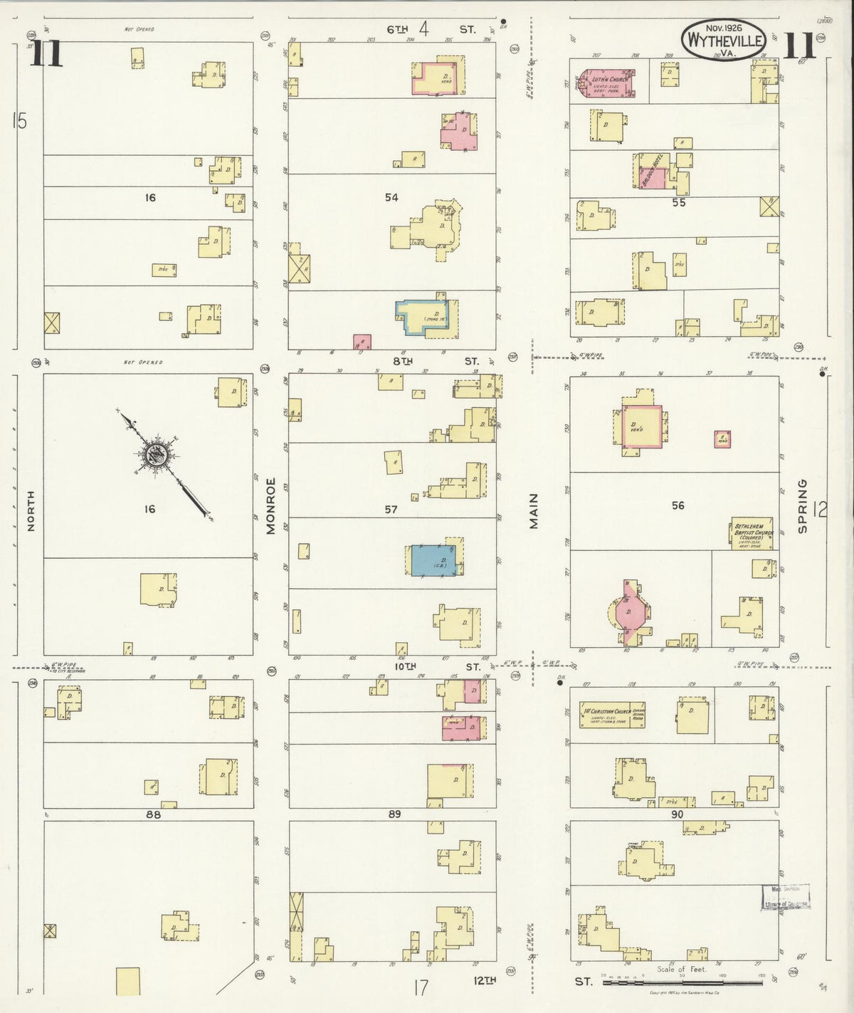 Sanborn Fire Insurance Map from Wytheville, Wythe County, Virginia (1926), Sheet #0011 - Historic Sanborn Fire Insurance Map Print, vintage old map wall art, antique decor, genealogy gift, Virginia Virginia map