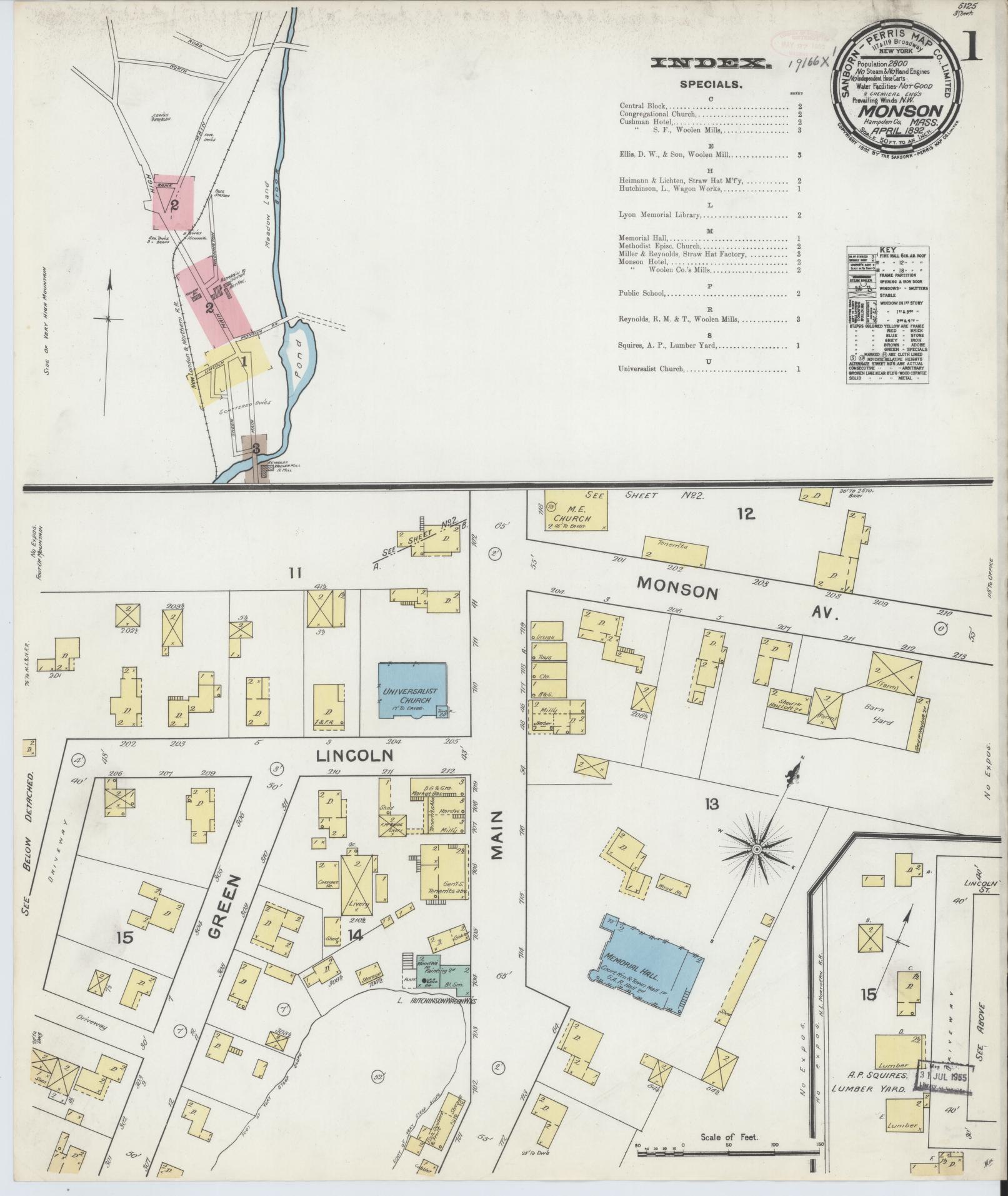 Sanborn Fire Insurance Map from Monson, Hampden County, Massachusetts. (1892) – Historic Sanborn Fire Insurance Map Print