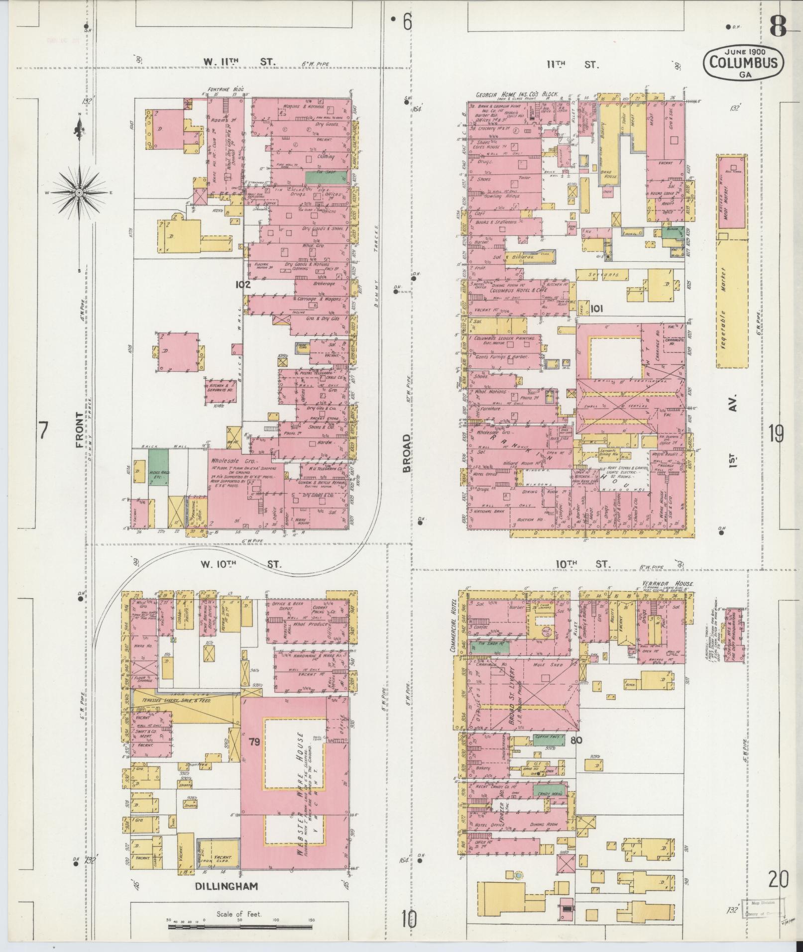 Sanborn Fire Insurance Map from Columbus, Muscogee County, Georgia (1900), Sheet #0008 - Complete Map Set gallery image, historic Sanborn map, vintage wall art, Georgia Georgia