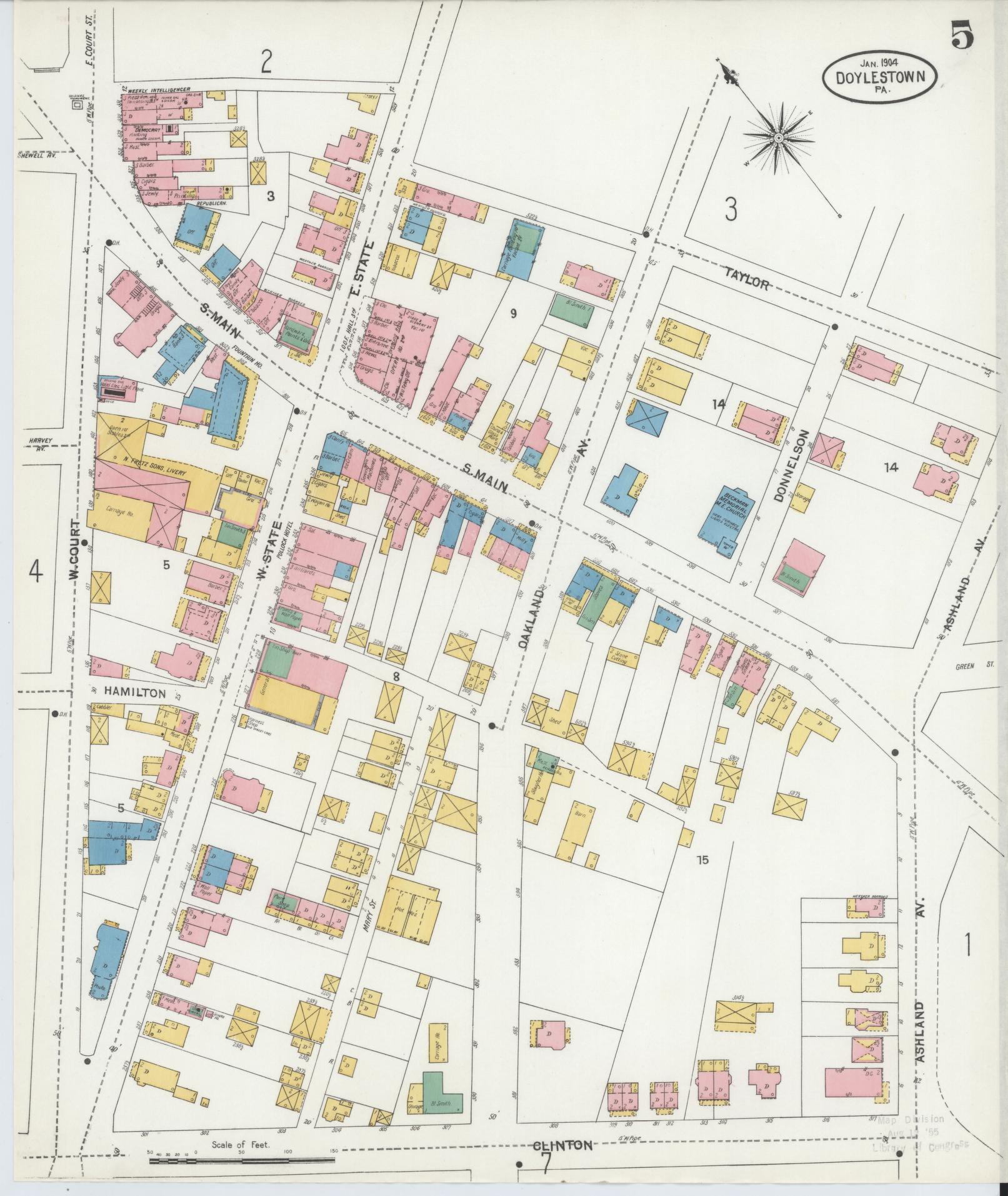 Sanborn Fire Insurance Map from Doylestown, Bucks County, Pennsylvania (1904), Sheet #0005 - Historic Sanborn Fire Insurance Map Print, vintage old map wall art, antique decor, genealogy gift, Pennsylvania Pennsylvania map