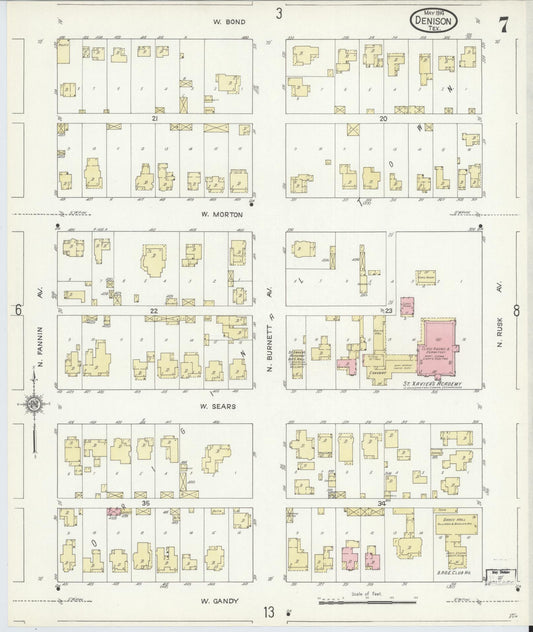 Sanborn Fire Insurance Map from Denison, Grayson County, Texas (1914), Sheet #0007 - Historic Sanborn Fire Insurance Map Print, vintage old map wall art, antique decor, genealogy gift, Texas Texas map