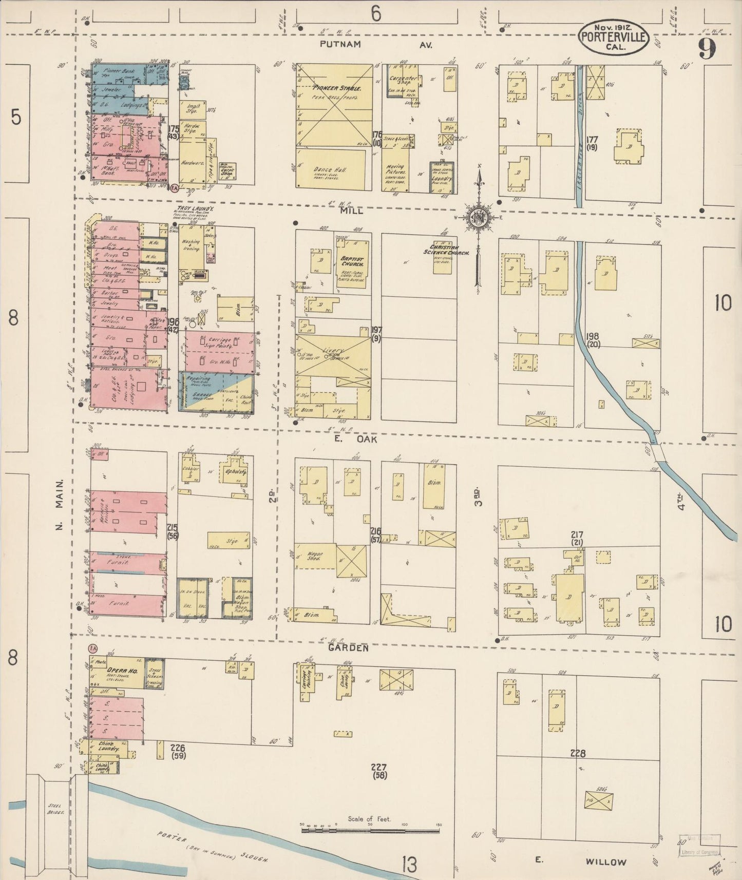 Sanborn Fire Insurance Map from Porterville, Tulare County, California (1912), Sheet #0009 - Complete Map Set gallery image, historic Sanborn map, vintage wall art, California California