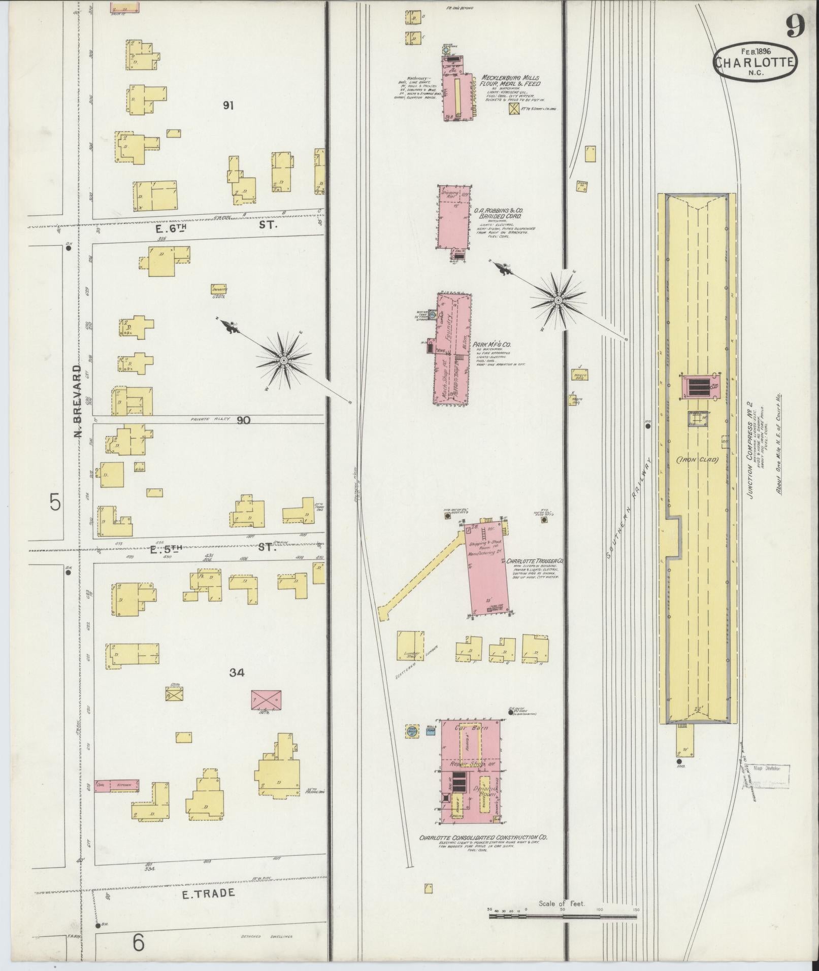 Sanborn Fire Insurance Map from Charlotte, Mecklenburg County, North Carolina (1896), Sheet #0009 - Historic Sanborn Fire Insurance Map Print, vintage old map wall art, antique decor, genealogy gift, North Carolina North Carolina map