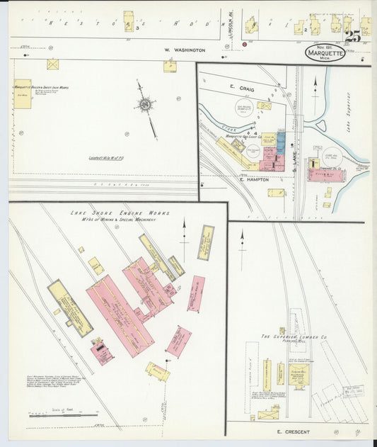 Sanborn Fire Insurance Map from Marquette, Marquette County, Michigan (1911), Sheet #0025 - Historic Sanborn Fire Insurance Map Print, vintage old map wall art, antique decor, genealogy gift, Michigan Michigan map