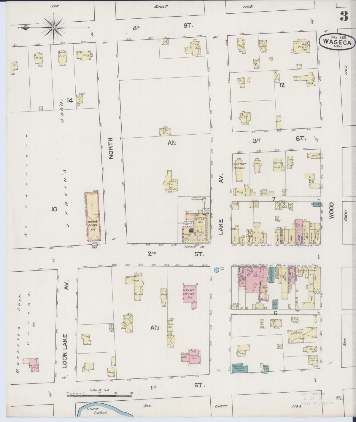 Sanborn Fire Insurance Map from Waseca, Waseca County, Minnesota (1889), Sheet #0003 - Historic Sanborn Fire Insurance Map Print, vintage old map wall art, antique decor, genealogy gift, Minnesota Minnesota map