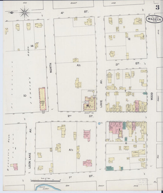 Sanborn Fire Insurance Map from Waseca, Waseca County, Minnesota (1889), Sheet #0003 - Historic Sanborn Fire Insurance Map Print, vintage old map wall art, antique decor, genealogy gift, Minnesota Minnesota map