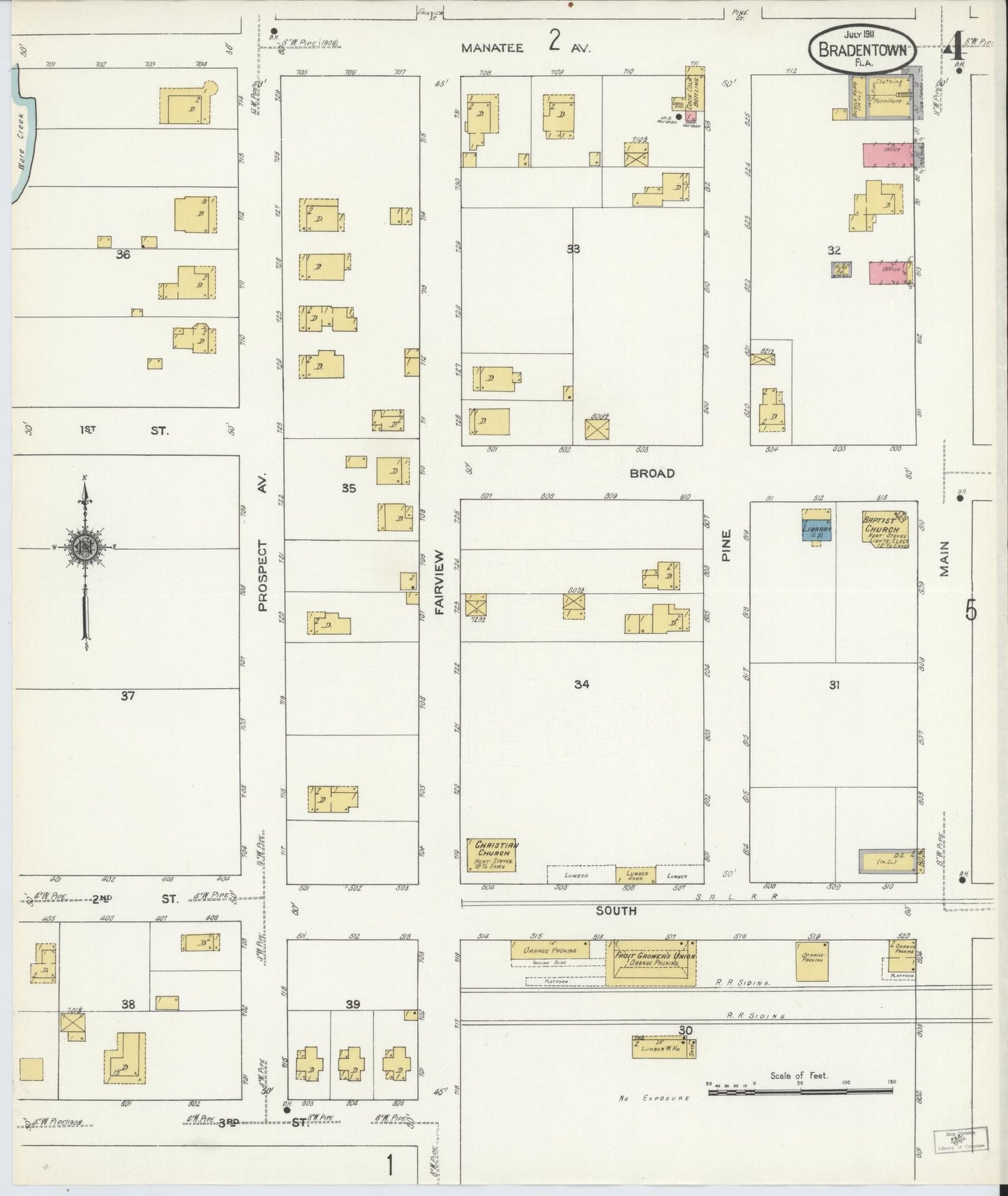 Sanborn Fire Insurance Map from Bradentown, Manatee County, Florida (1911), Sheet #0004 - Historic Sanborn Fire Insurance Map Print, vintage old map wall art, antique decor, genealogy gift, Florida Florida map