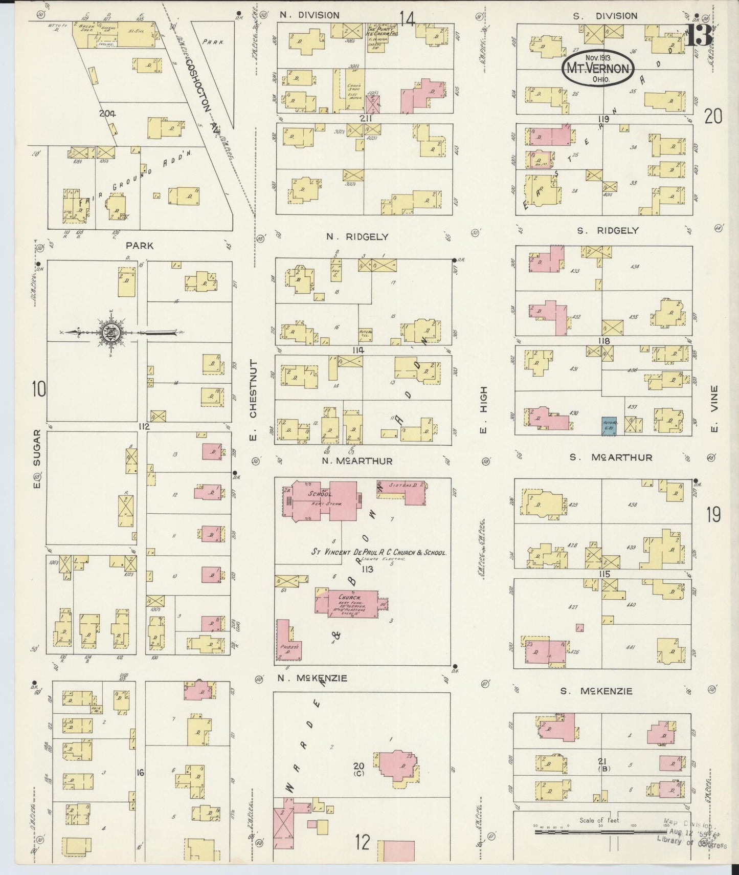 Sanborn Fire Insurance Map from Mount Vernon, Knox County, Ohio (1913), Sheet #0013 - Historic Sanborn Fire Insurance Map Print, vintage old map wall art, antique decor, genealogy gift, Ohio Ohio map