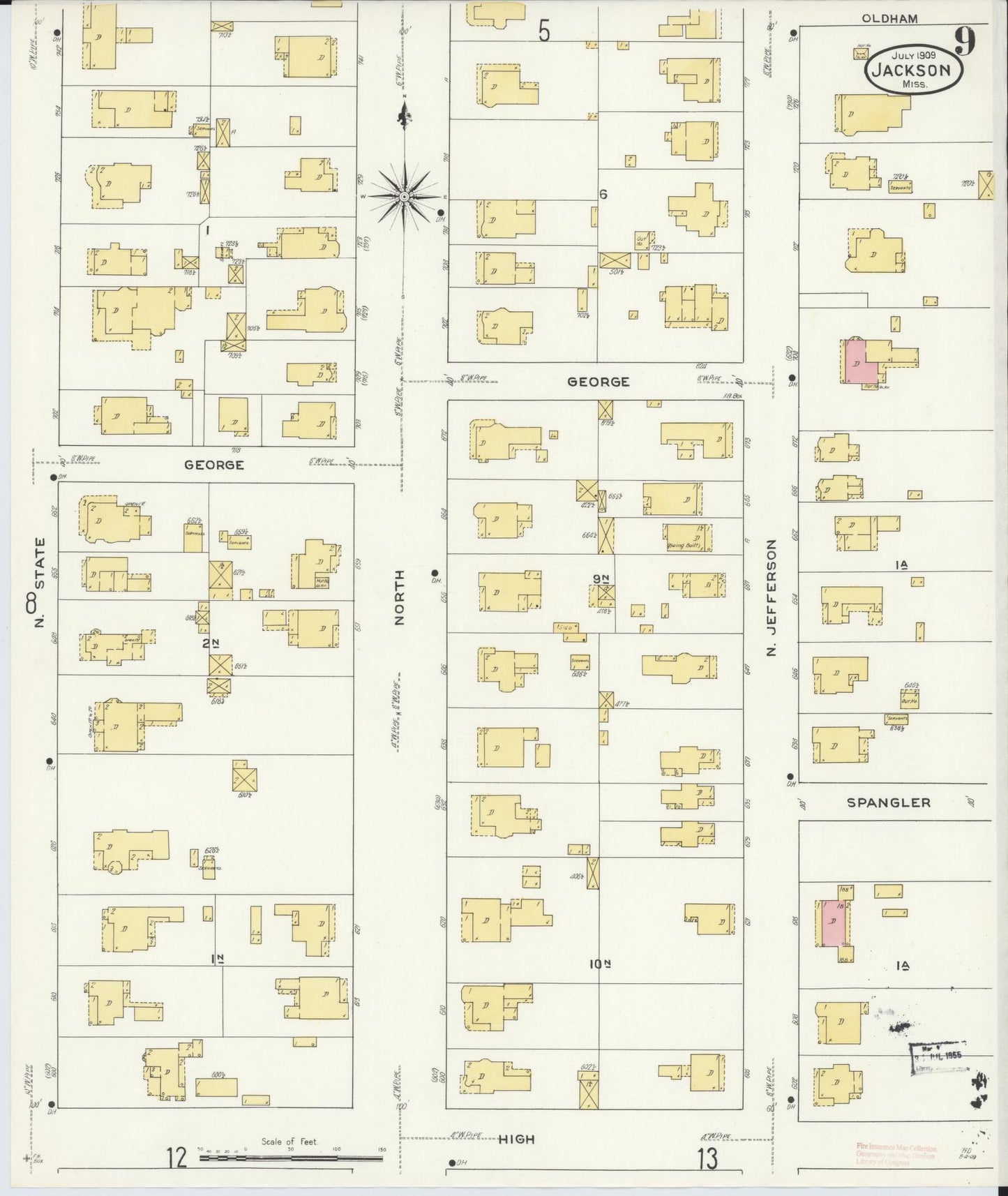 Sanborn Fire Insurance Map from Jackson, Hinds County, Mississippi (1909), Sheet #0009 - Complete Map Set gallery image, historic Sanborn map, vintage wall art, Mississippi Mississippi