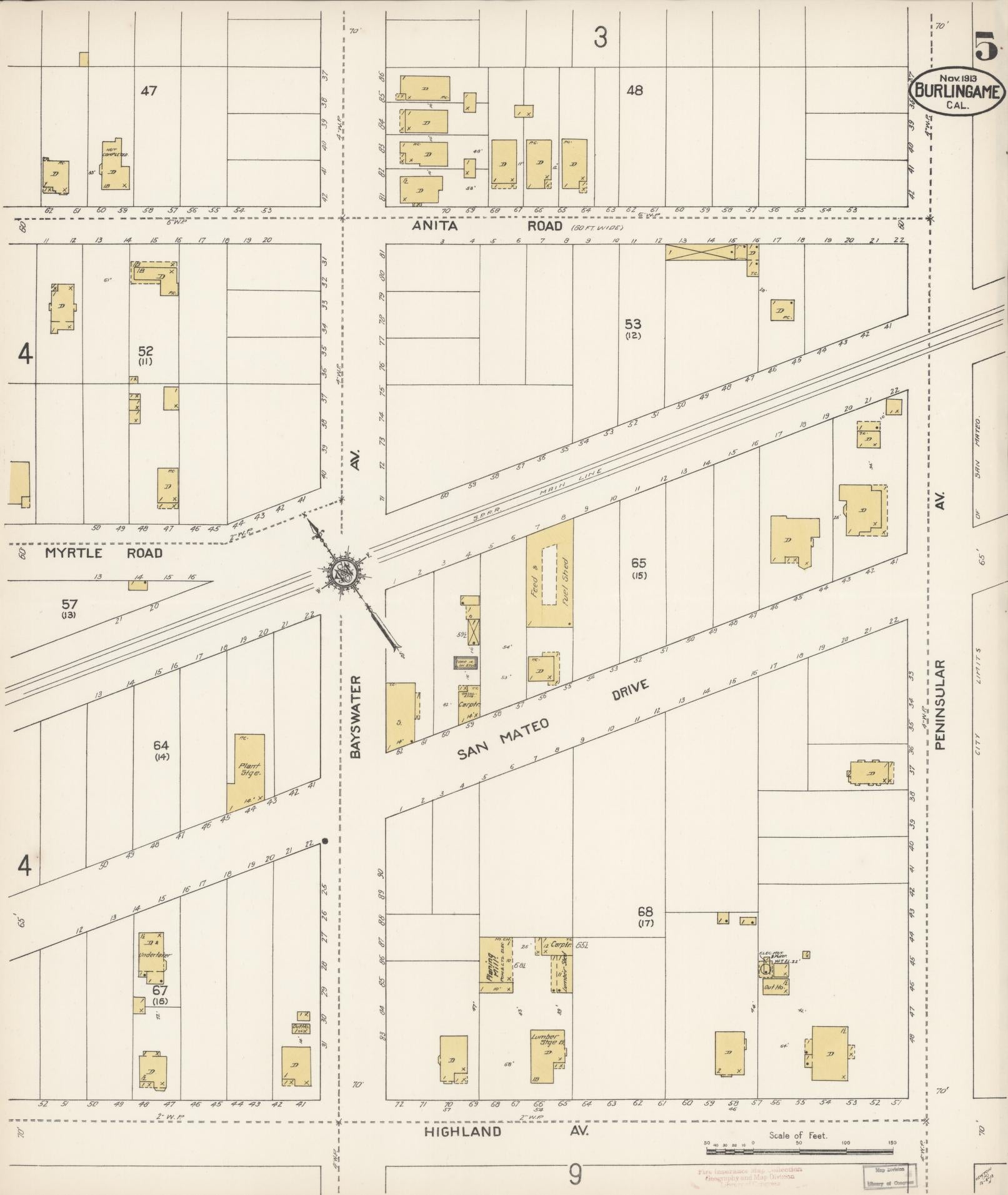 Sanborn Fire Insurance Map from Burlingame, San Mateo County, California (1913), Sheet #0005 - Historic Sanborn Fire Insurance Map Print, vintage old map wall art, antique decor, genealogy gift, California California map