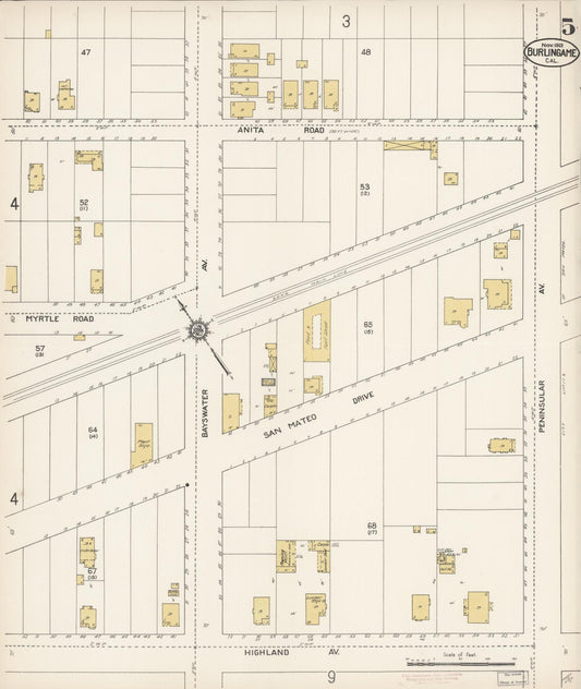 Sanborn Fire Insurance Map from Burlingame, San Mateo County, California (1913), Sheet #0005 - Historic Sanborn Fire Insurance Map Print, vintage old map wall art, antique decor, genealogy gift, California California map