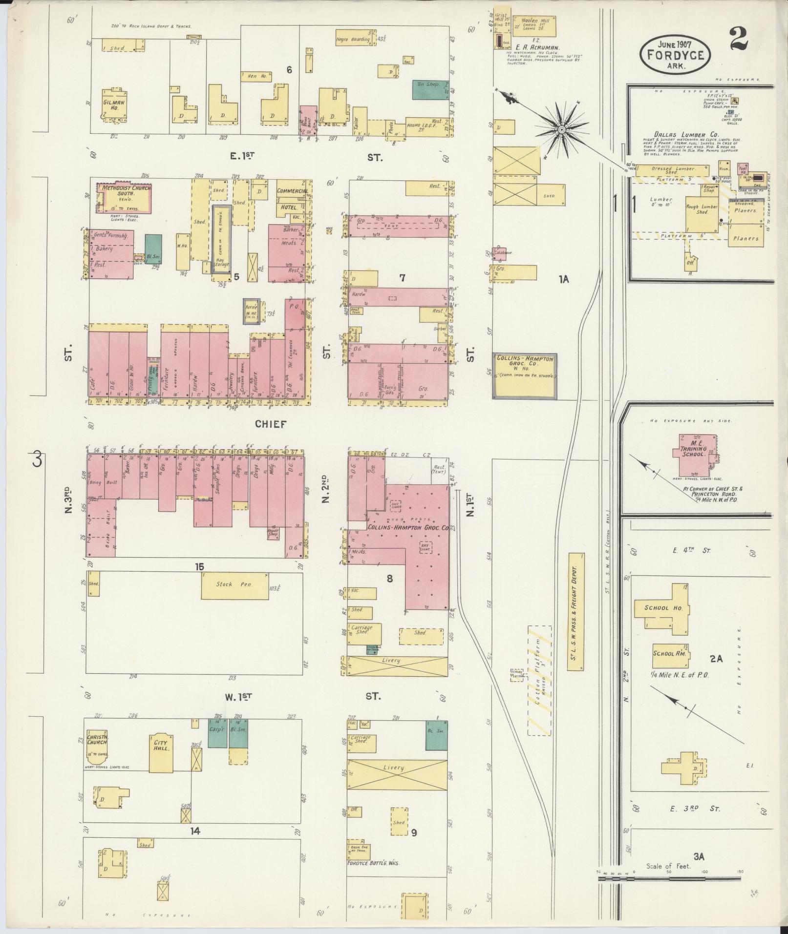 Sanborn Fire Insurance Map from Fordyce, Dallas County, Arkansas (1907), Sheet #0002 - Historic Sanborn Fire Insurance Map Print, vintage old map wall art, antique decor, genealogy gift, Arkansas Arkansas map