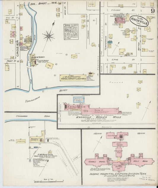 Sanborn Fire Insurance Map from Knoxville, Knox County, Tennessee (1884), Sheet #0009 - Historic Sanborn Fire Insurance Map Print, vintage old map wall art, antique decor, genealogy gift, Tennessee Tennessee map