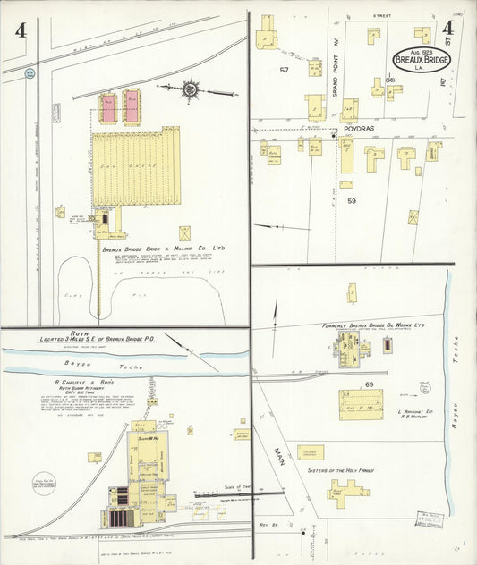 Sanborn Fire Insurance Map from Breaux Bridge, Saint Martin Parish, Louisiana (1923), Sheet #0004 - Historic Sanborn Fire Insurance Map Print, vintage old map wall art, antique decor, genealogy gift, Louisiana Louisiana map