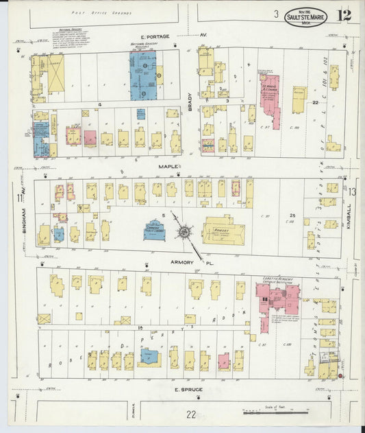 Sanborn Fire Insurance Map from Sault Sainte Marie, Chippewa County, Michigan (1915), Sheet #0012 - Historic Sanborn Fire Insurance Map Print, vintage old map wall art, antique decor, genealogy gift, Michigan Michigan map