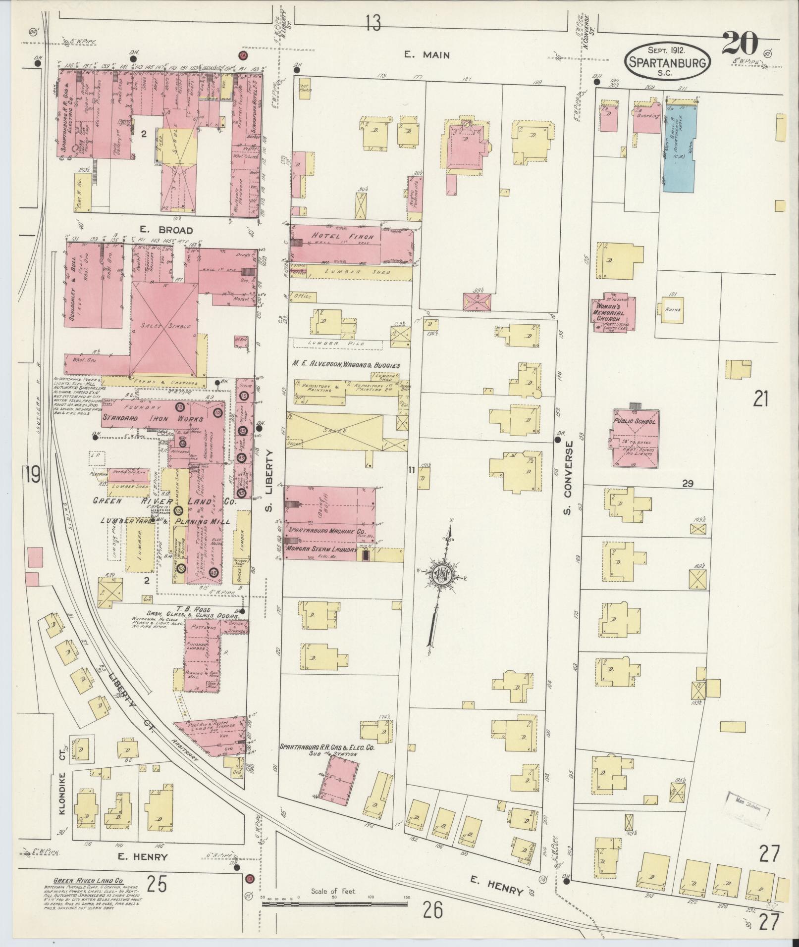 Sanborn Fire Insurance Map from Spartanburg, Spartanburg County, South Carolina (1912), Sheet #0020 - Complete Map Set gallery image, historic Sanborn map, vintage wall art, South Carolina South Carolina